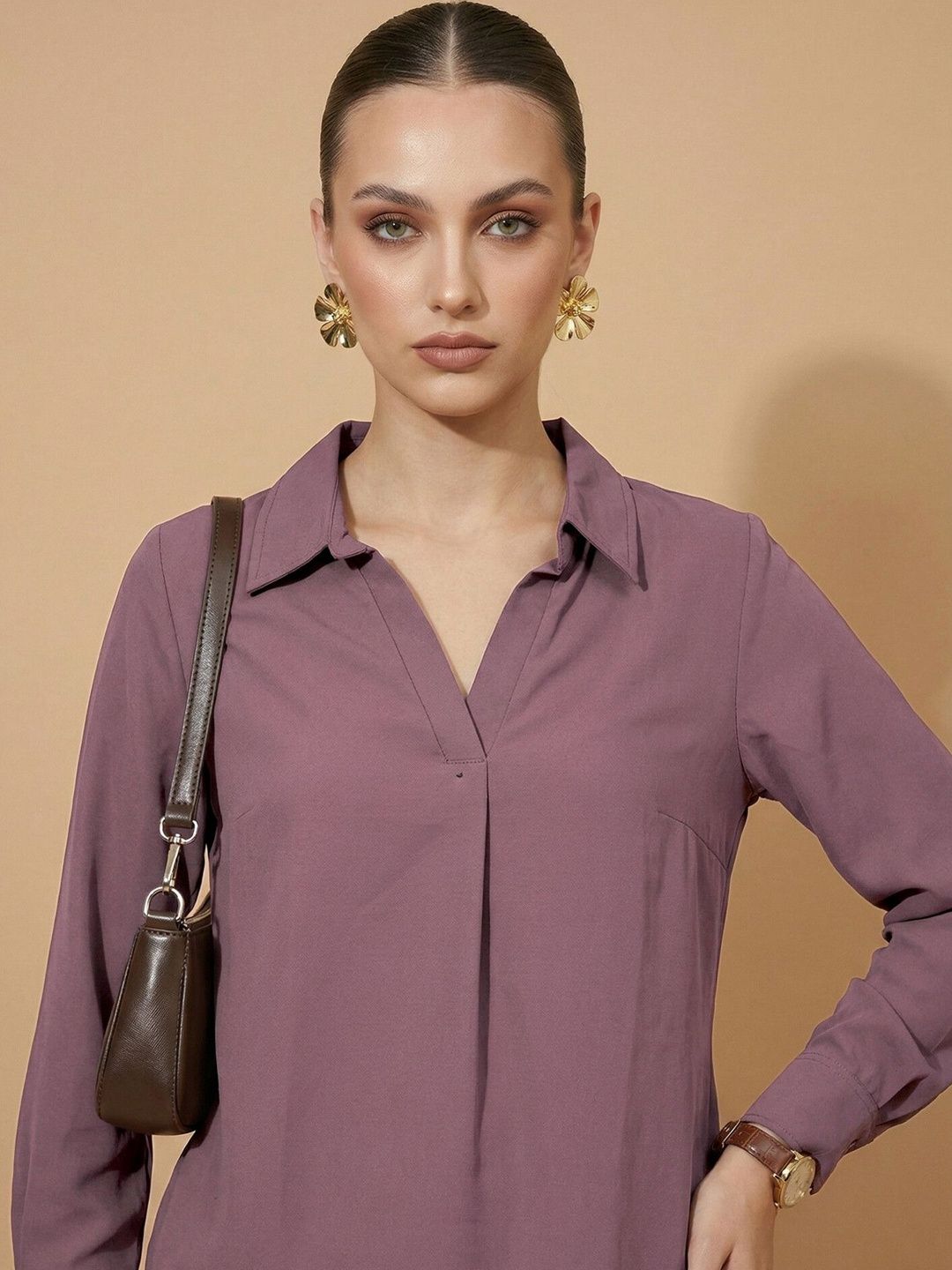 Mauve Solid Shirt Style Casual Top 5
