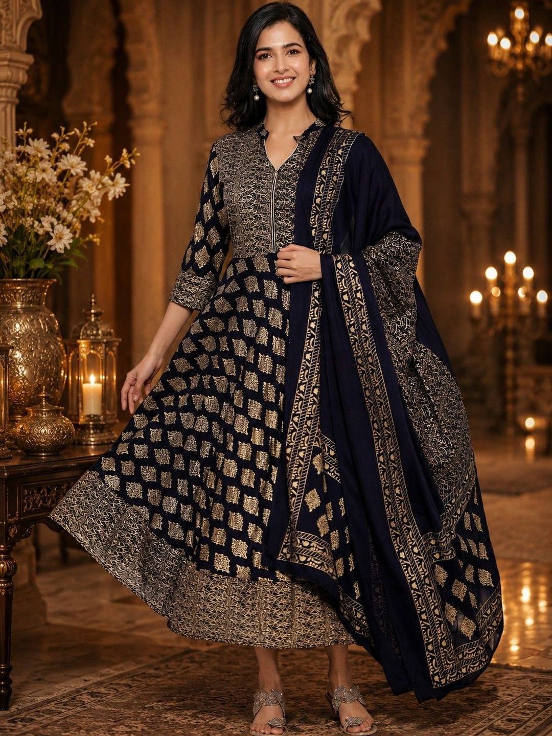 BABA KURTI Ethnic Motifs Printed Mandarin Collar Empire Kurta with Palazzos & Dupatta