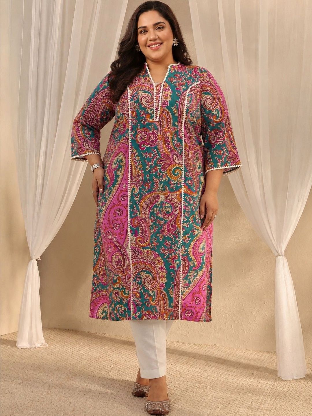 Plus Size Green Paisley Printed Cotton Straight Kurta
