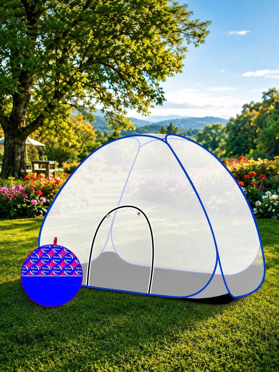 Silver Shine Blue & White Single Bed Mosquito Net
