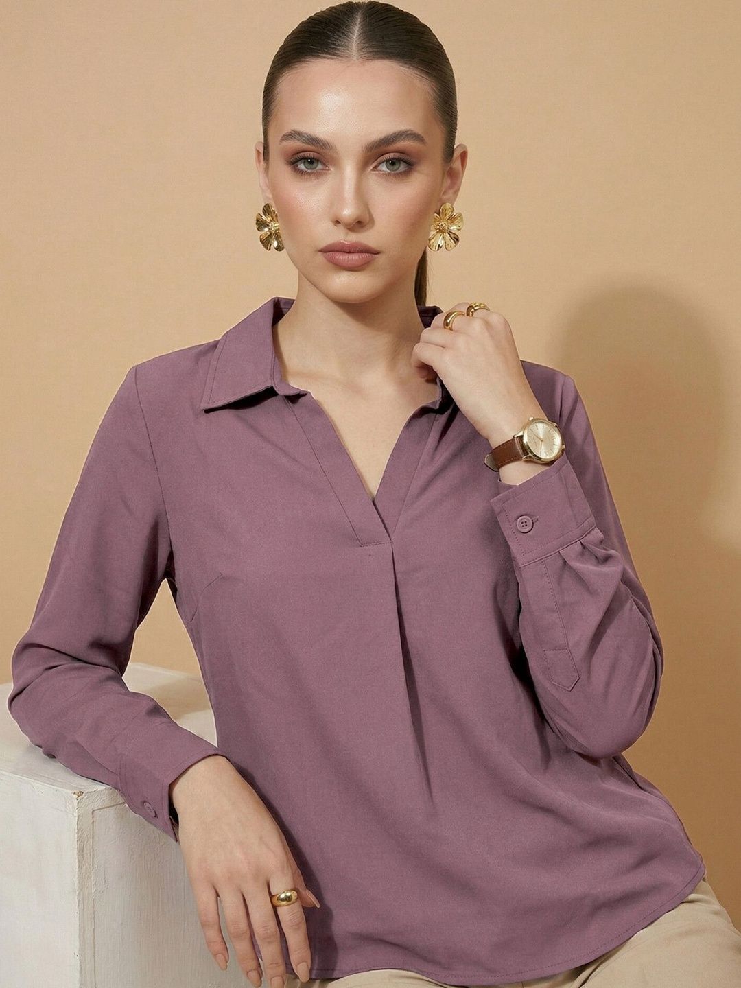 Mauve Solid Shirt Style Casual Top 7