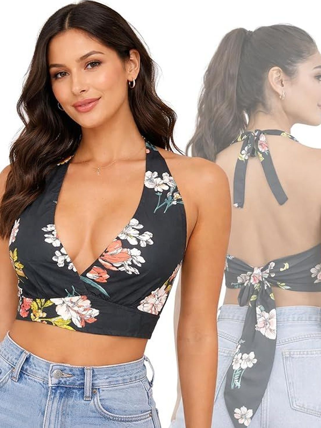 BODYFIGURE Floral Print Halter Neck Crepe Crop Top