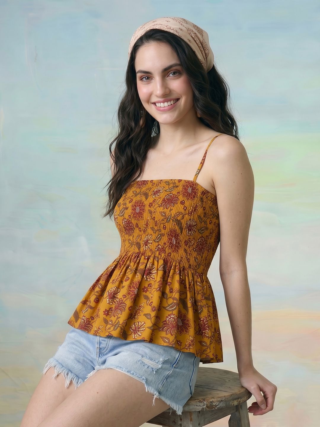 ZACCAI Sleeveless Floral Printed Peplum Top