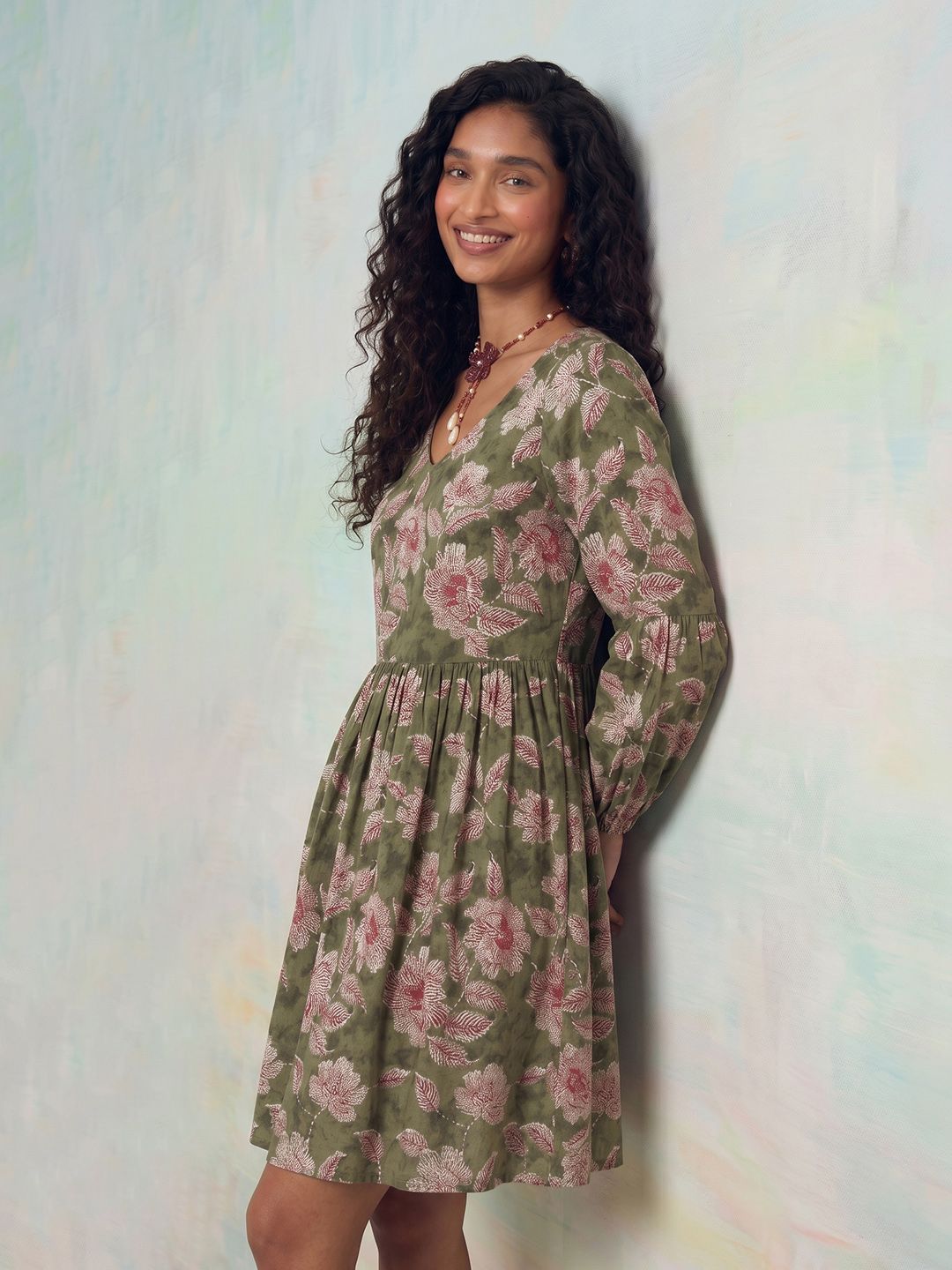 ZACCAI Floral Printed Puff Sleeve A-Line Dress