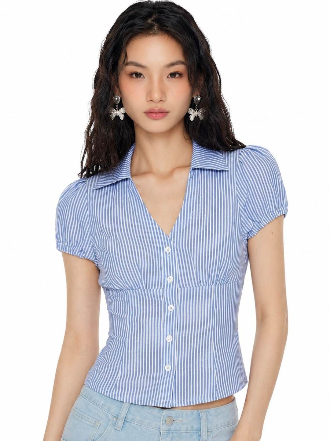 EZLIA Striped Puff Sleeve Top