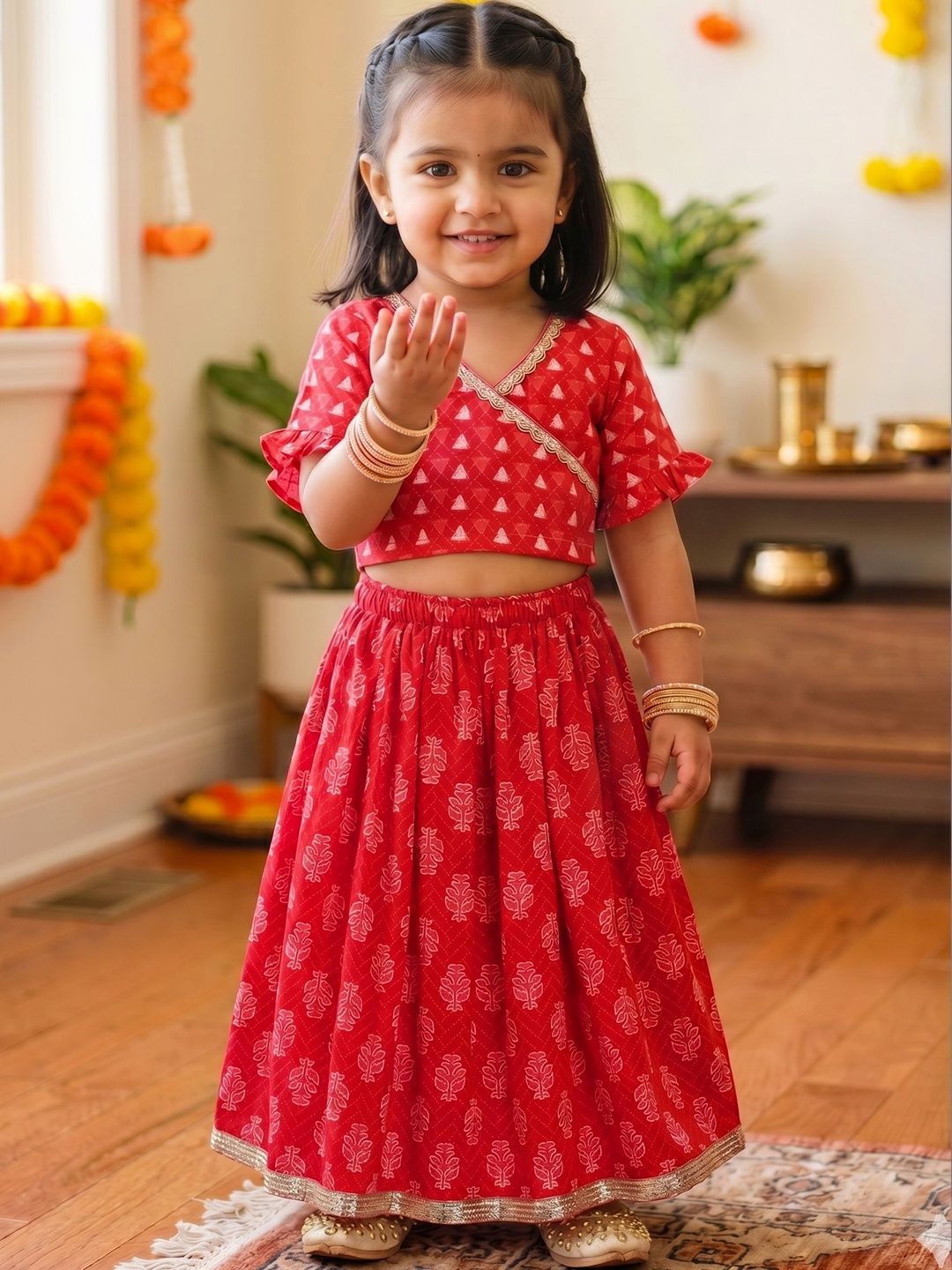 Campana Girls Printed Block Print Ready to Wear Lehenga &