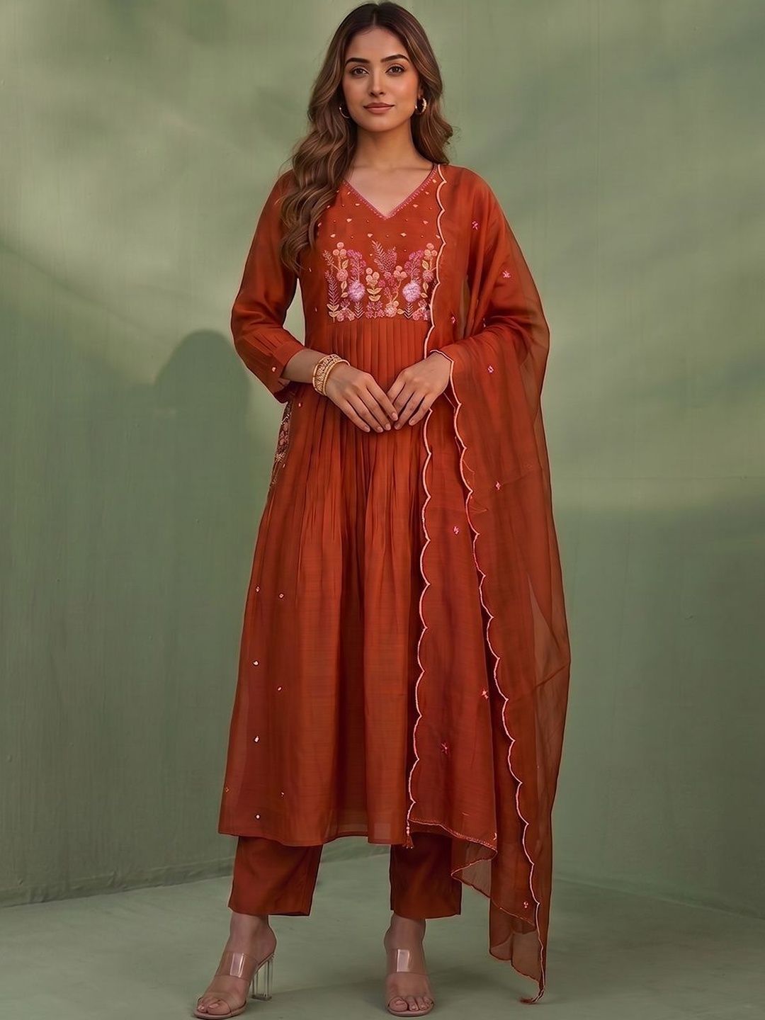 Varanga Women Floral Embroidered Empire Thread Work Chanderi Cotton Kurta with Trousers & With Dupatta