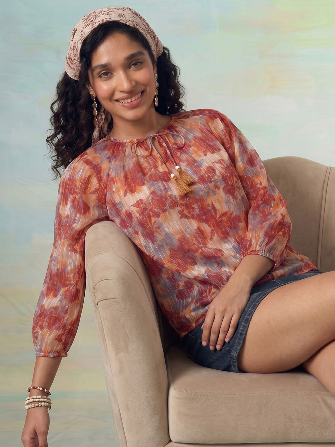 ZACCAI Floral Printed Tie-Up Neck Puff Sleeve Top