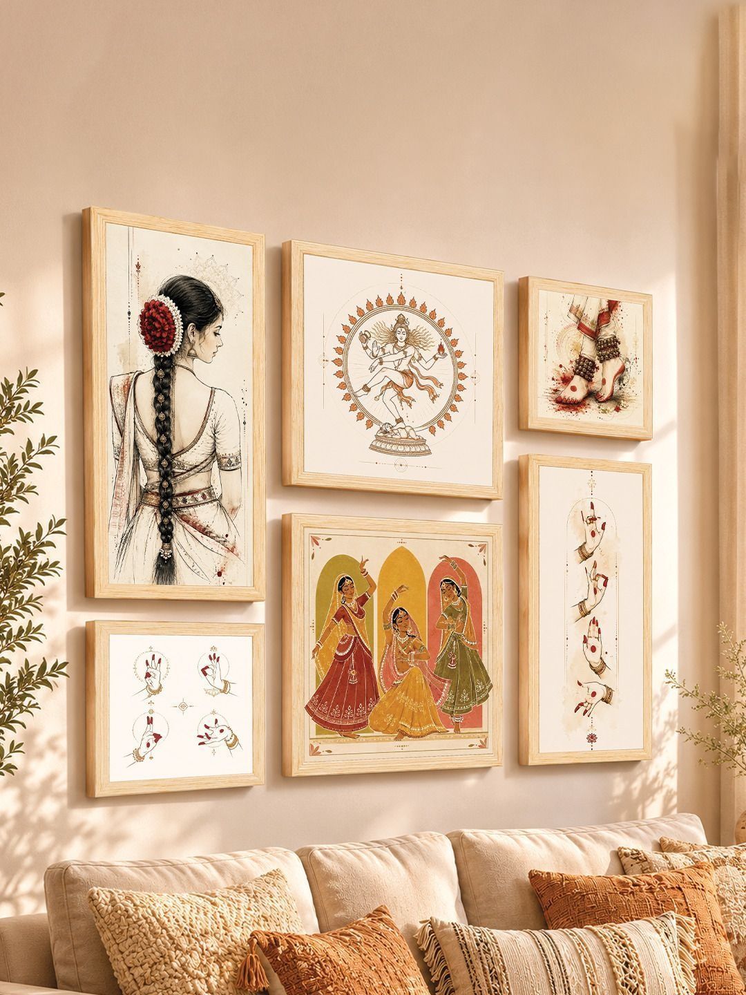 Art Street 6 Piece Indian Classical Dance Bharatanatyam Nataraja Framed Wall Art Paintings