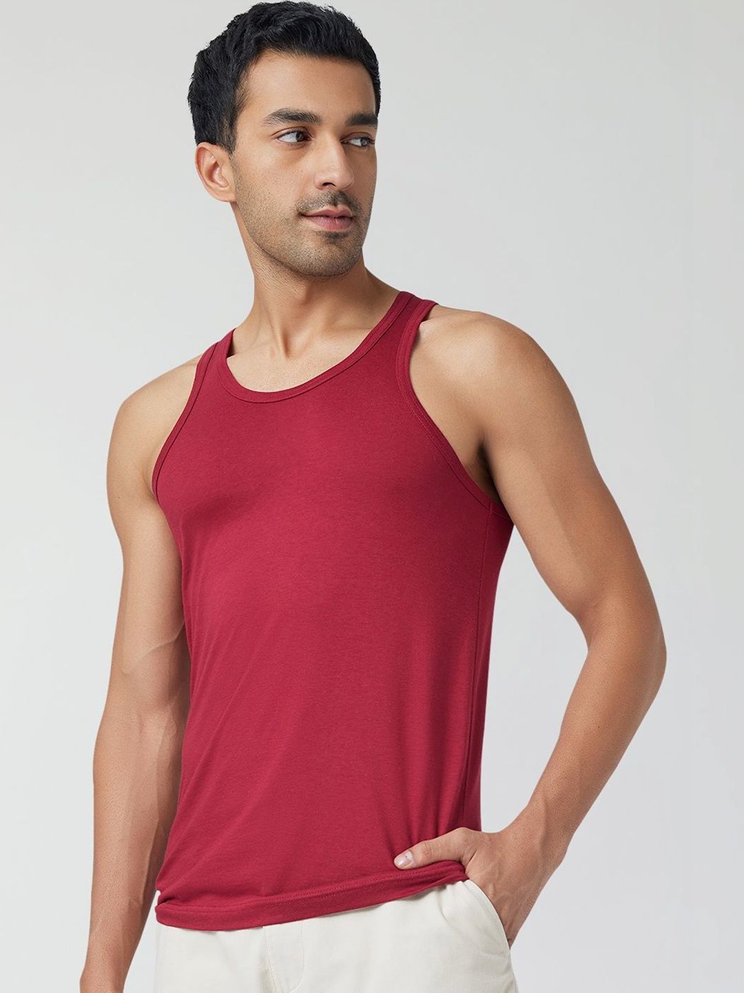XYXX Men Solid ACE Cotton Modal Red Round Neck Innerwear Vest