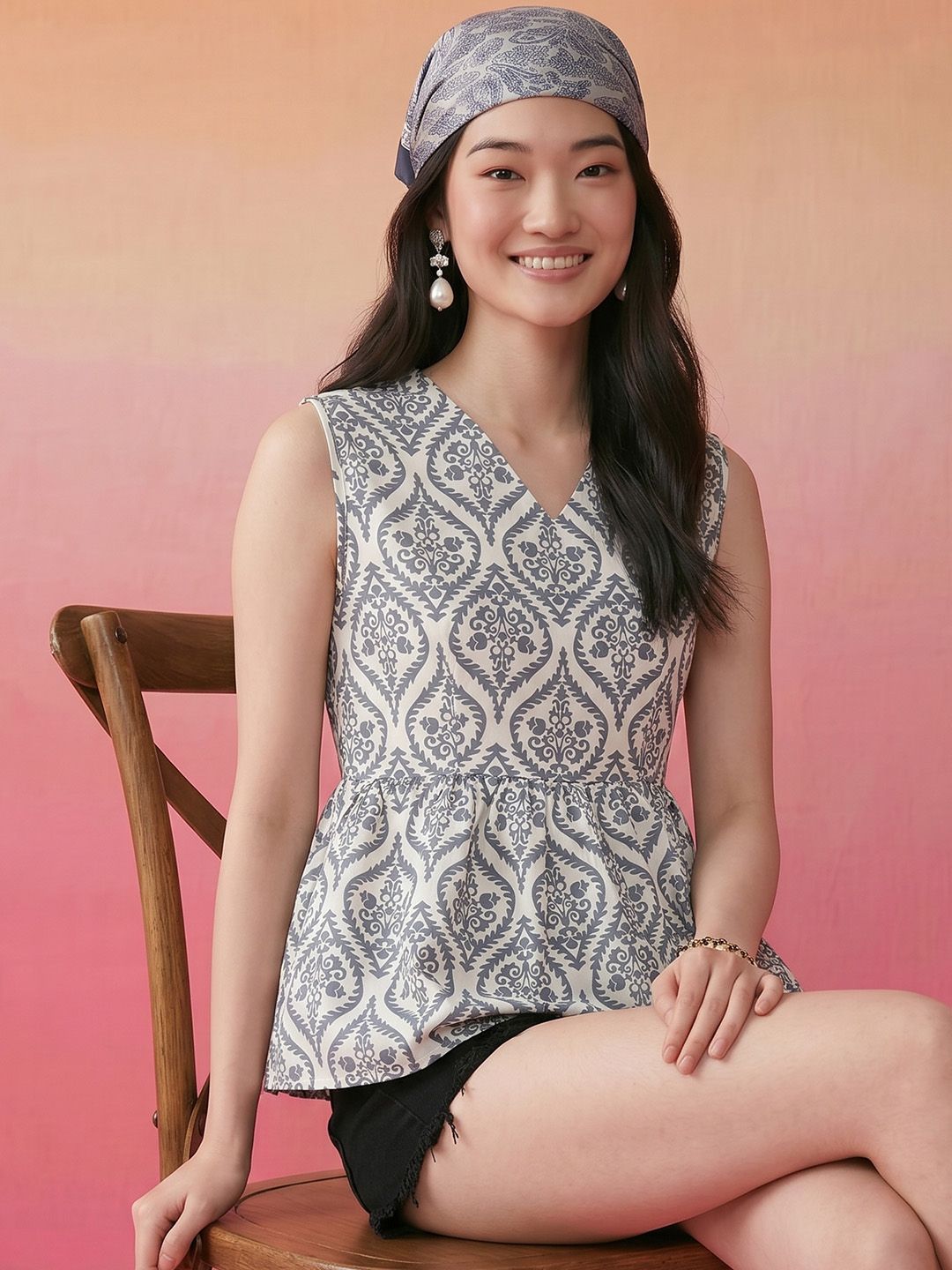 ZACCAI Sleeveless Ethnic Printed Peplum Top