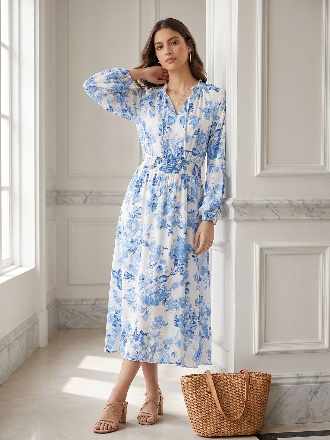 Floral Print Tie-Up Neck A-Line Dress