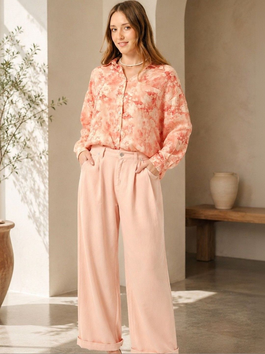 Virgio Cotton Pink Pleated Mid-Rise Flared Casual Pant