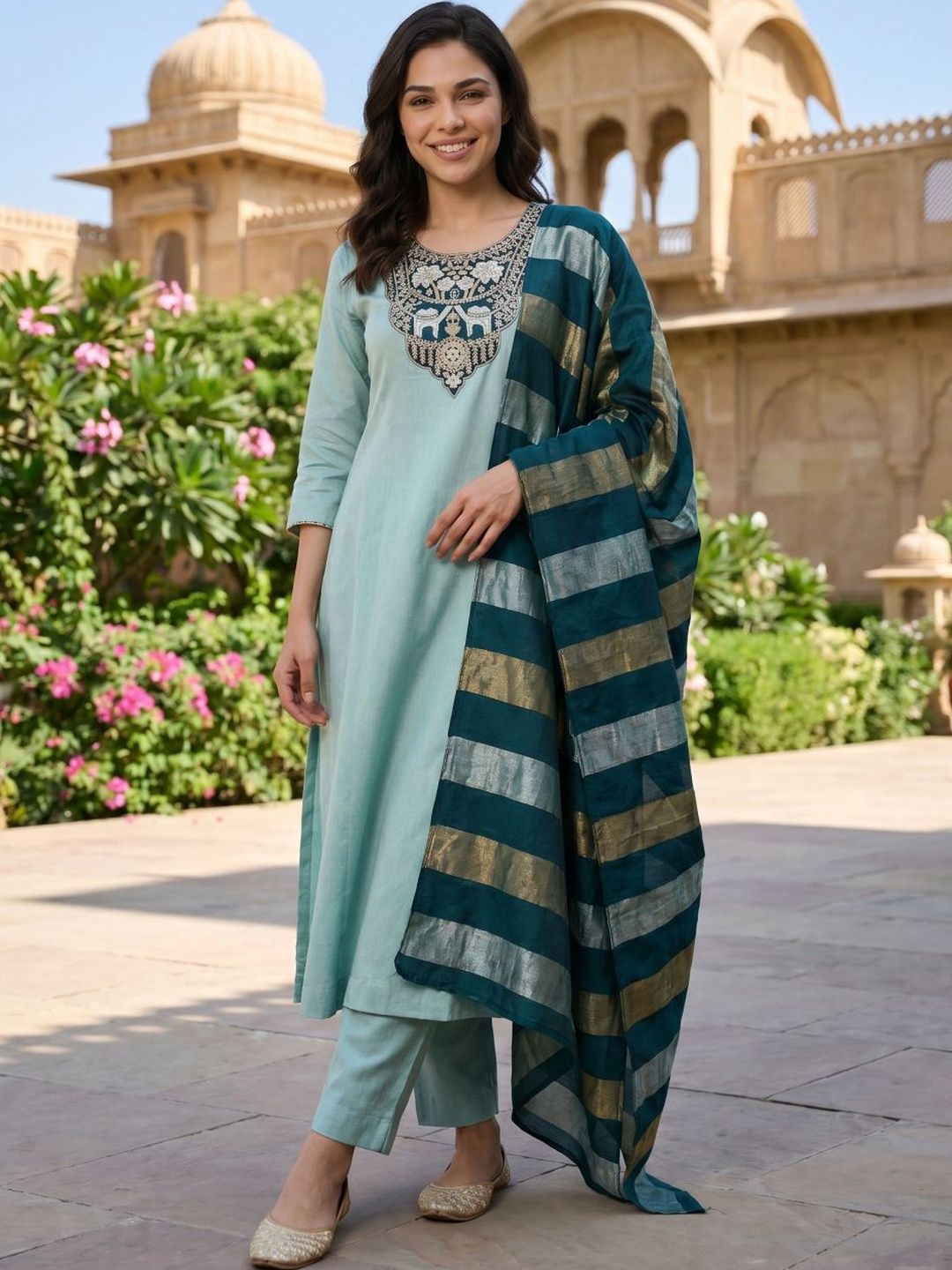 Moda Rapido Women Ethnic Motifs Embroidered Regular Thread Work Kurta with Trousers & With Dupatta