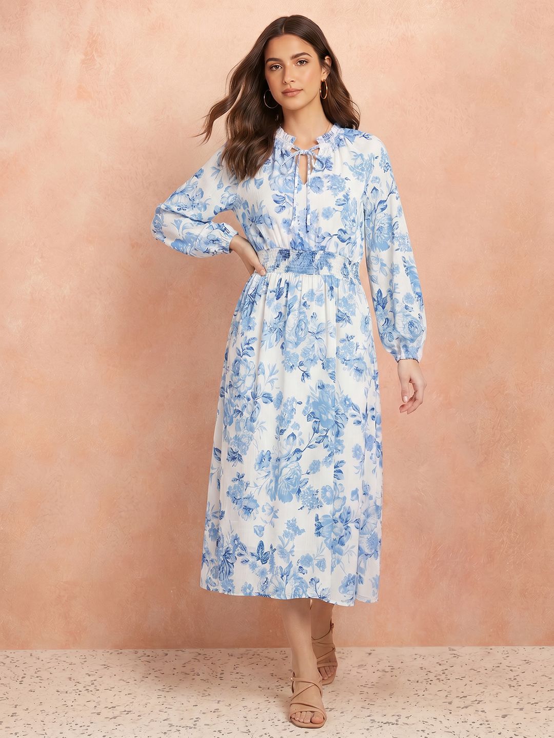 Floral Print Tie-Up Neck A-Line Dress 2