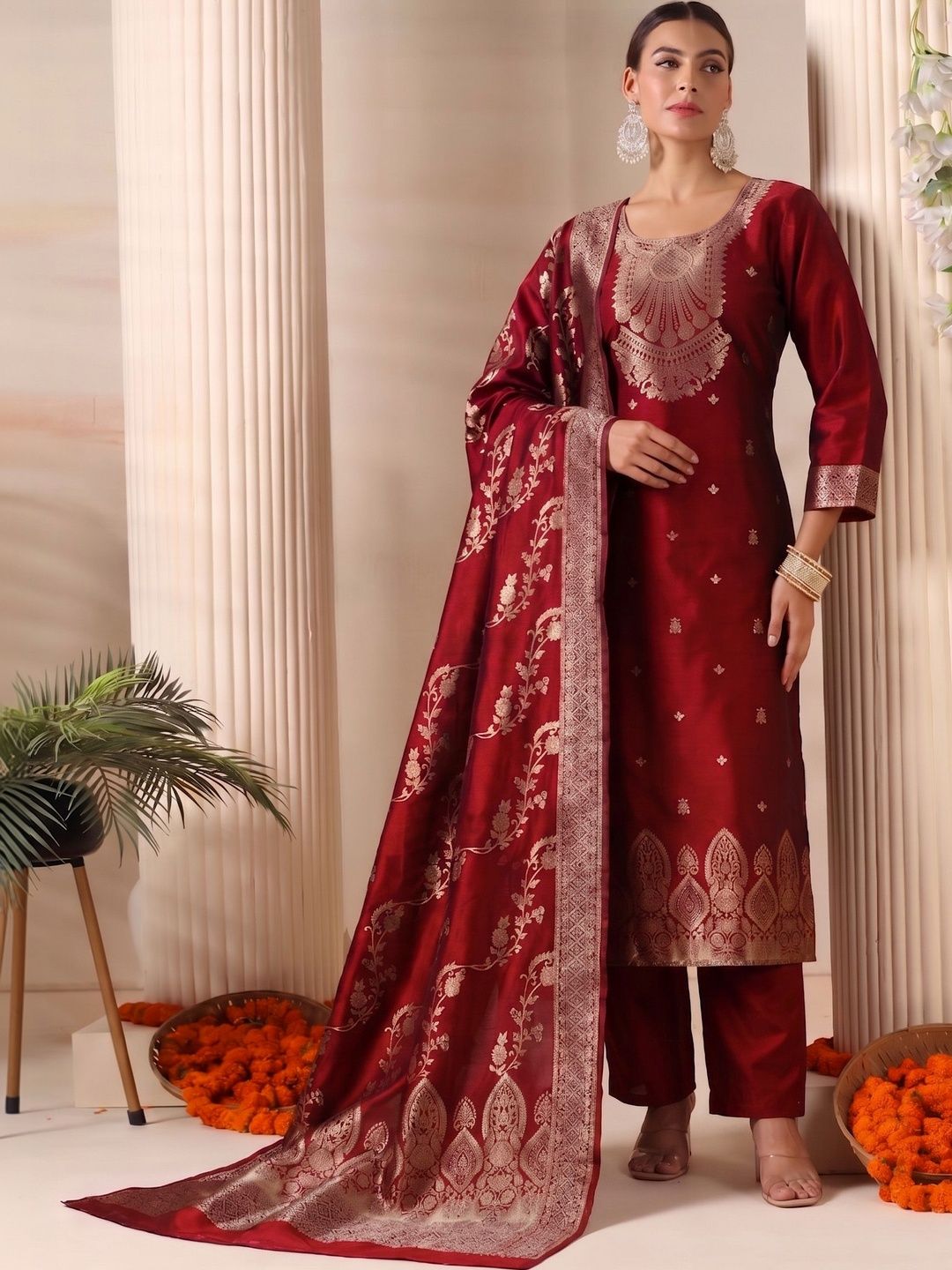 CROSET FASHION Women Ethnic Motifs Regular Pure Silk Kurta with Trousers & With Dupatta