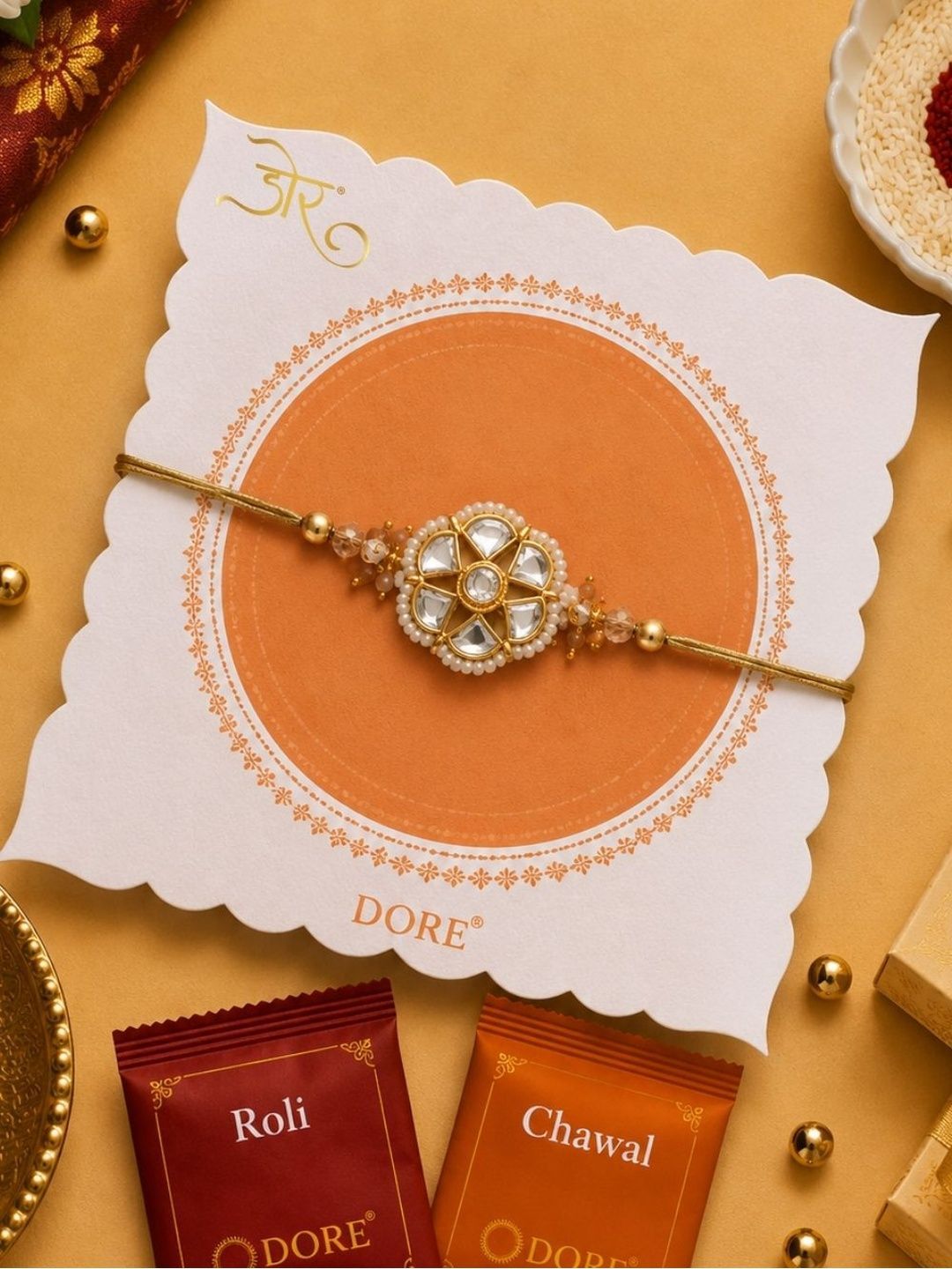 Dore Elegant Jaipuri Kundan Floral Rakhi with Pearl Accents & Roli Chawal Kit