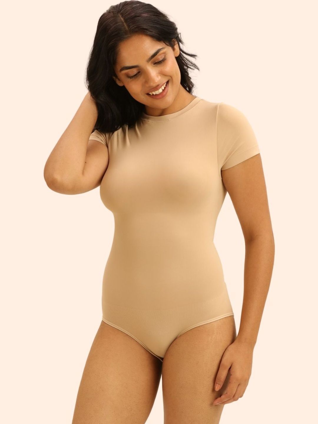Underneat Women Round Neck Seamless Nylon Comfort Fit Short Sleeve Bodysuit