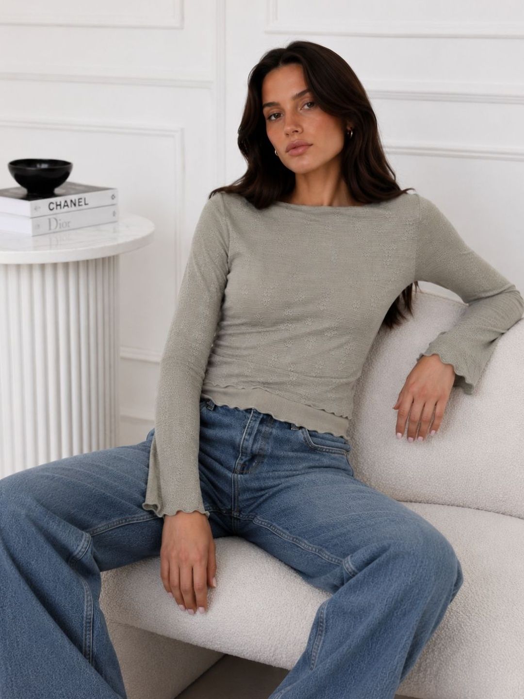 Grey Solid Boat Neck Long Sleeves Top