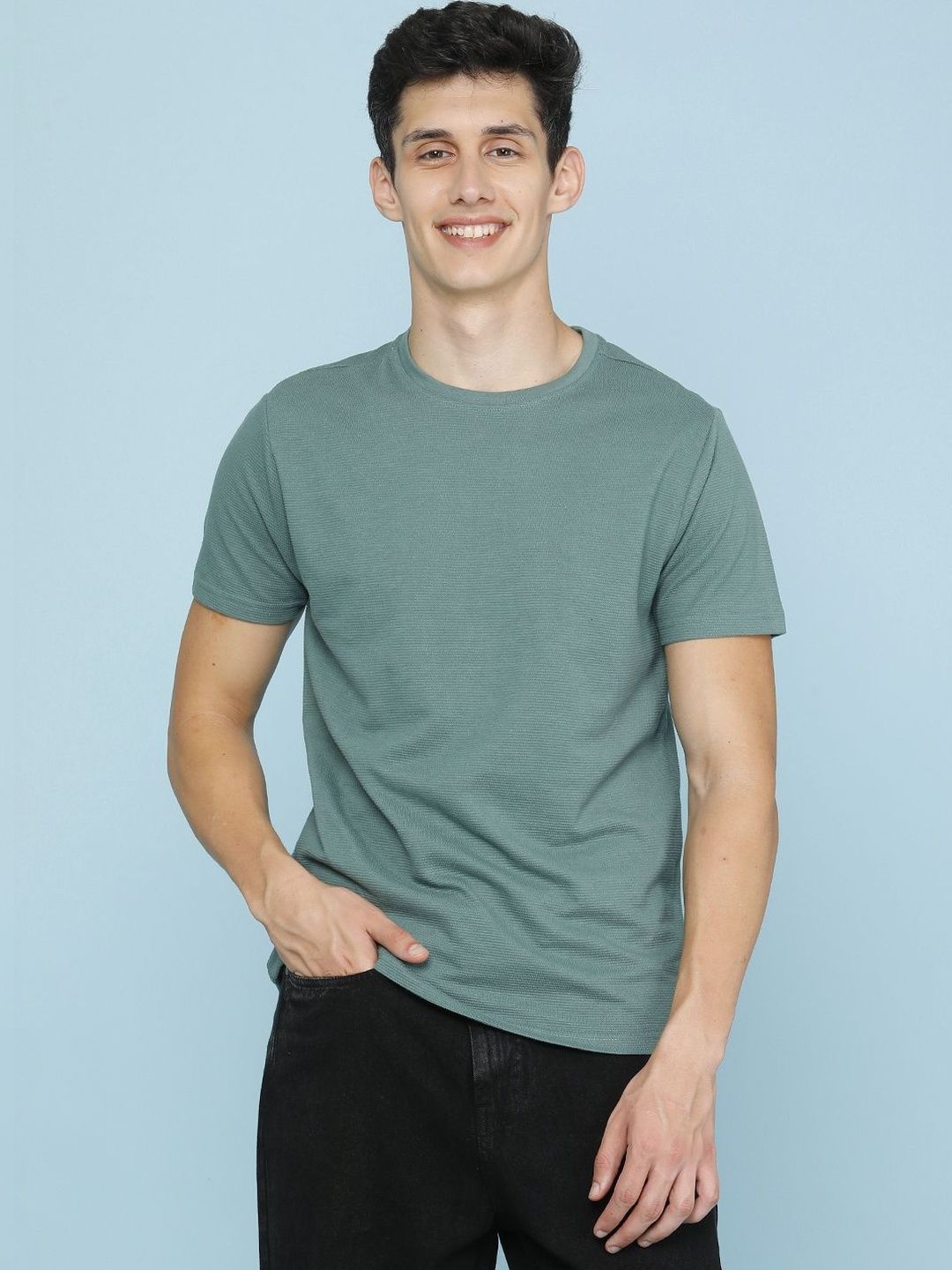 Green Regular Fit Self Design T-shirt