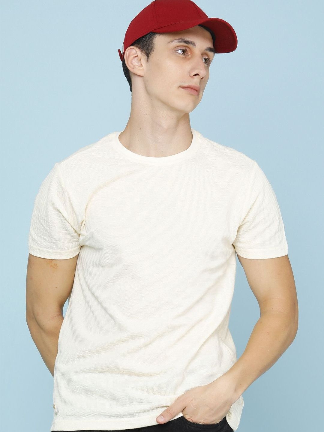 Off White Regular Fit Self Design T-shirt