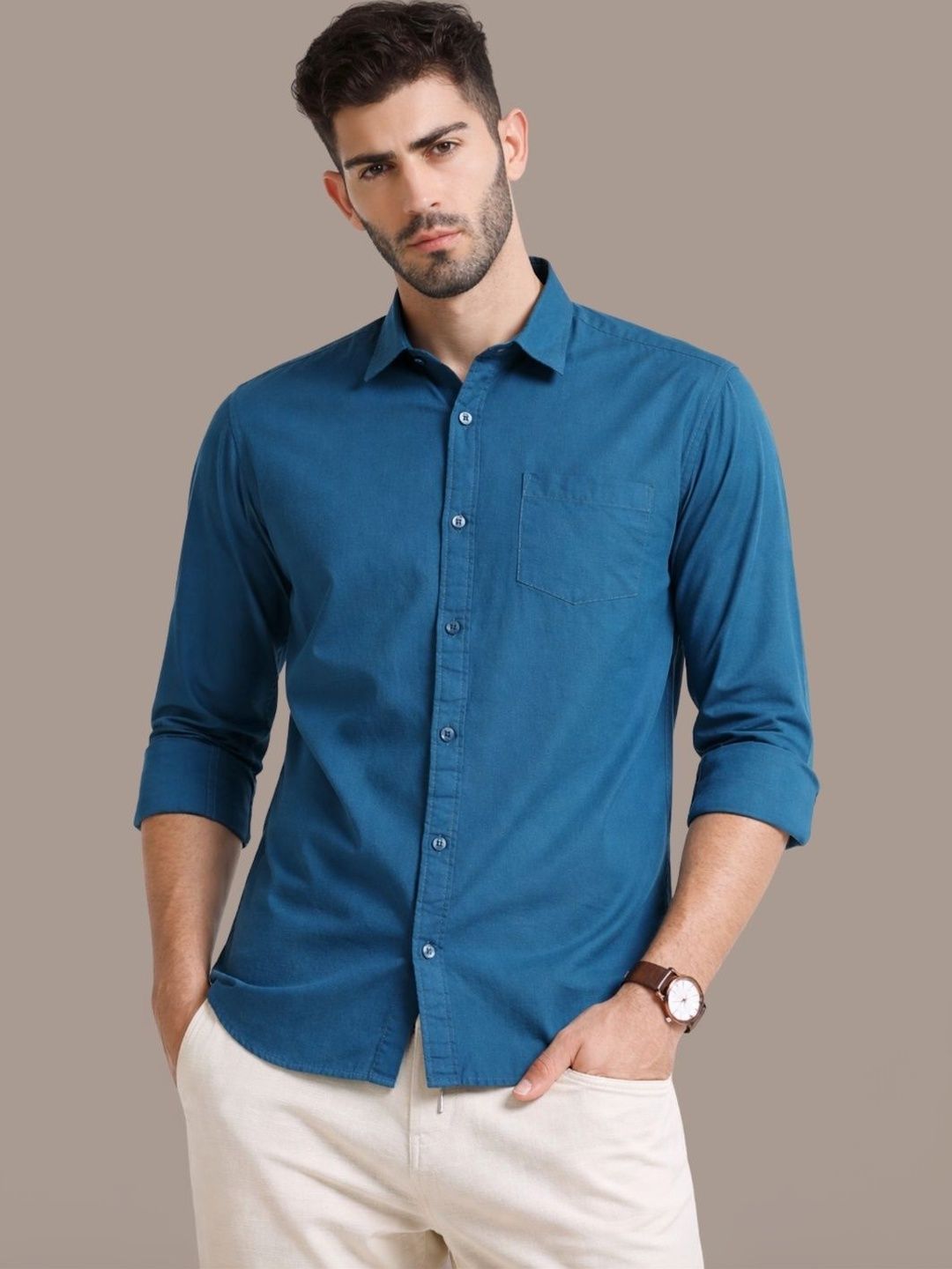 UNSEEN Men Solid Cotton Linen Casual Shirt