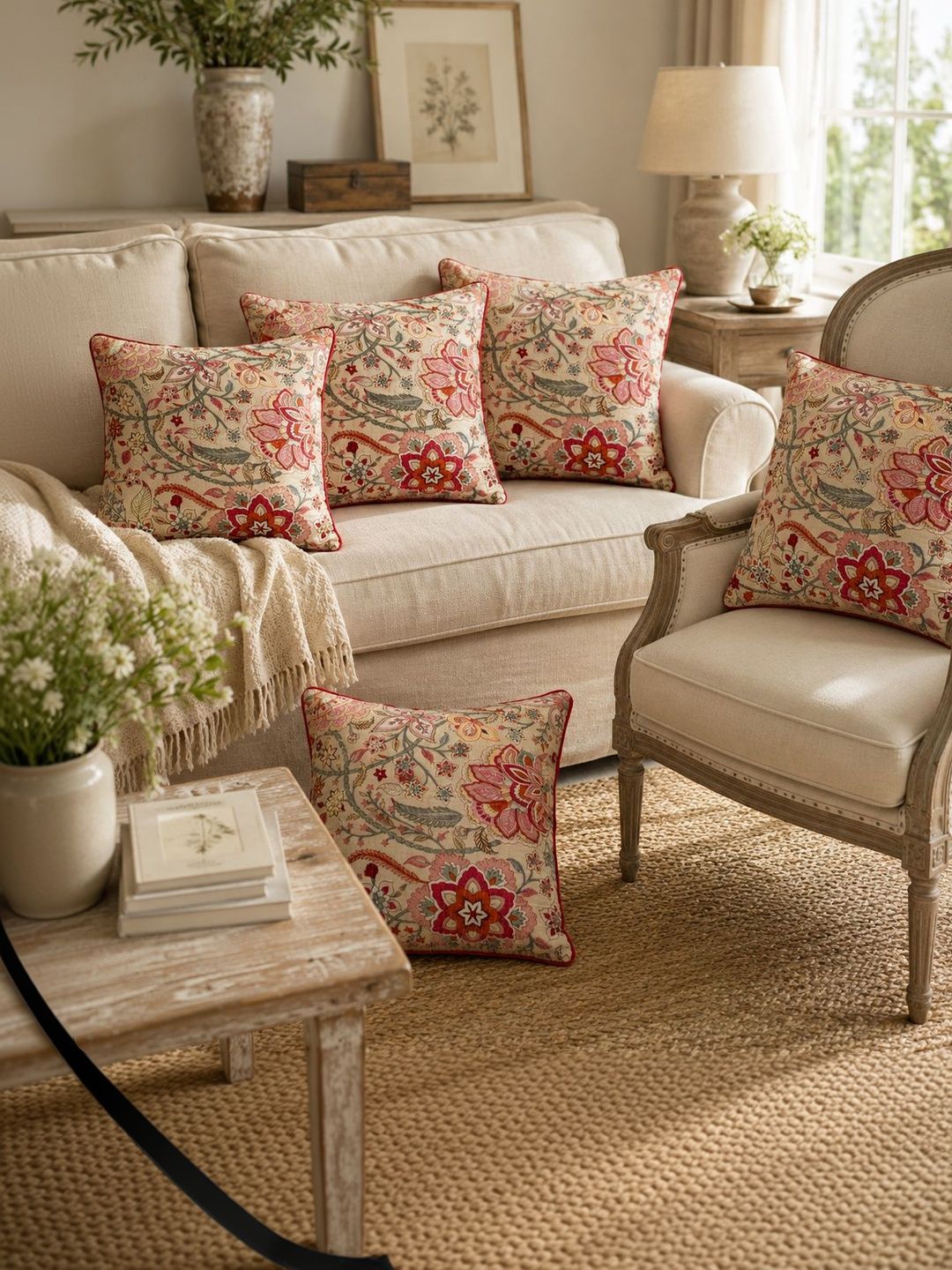 Clasiko Beige Floral Cotton Breathable 5 Piece Square Cushion Covers -20x20In