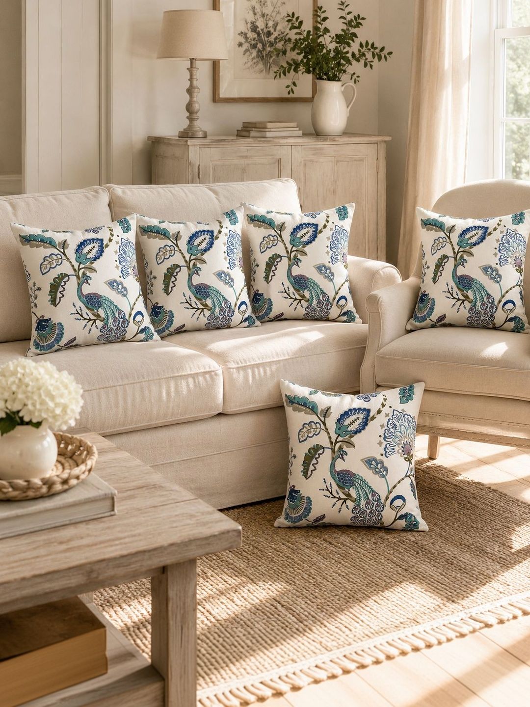 Clasiko White Ethnic Motifs Cotton Breathable 5 Piece Square Cushion Covers - 24x24In