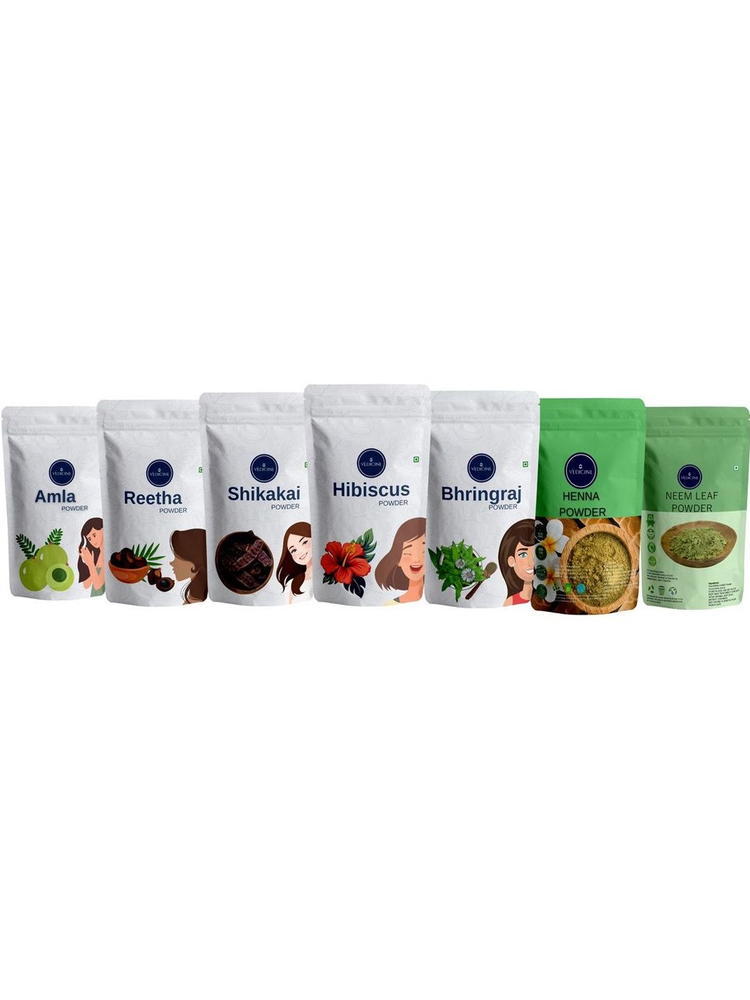 VEDICINE Amla Reetha Shikakai Hibiscus Bhringraj Heena & Neem Leaf Powder for Hair-70gEach