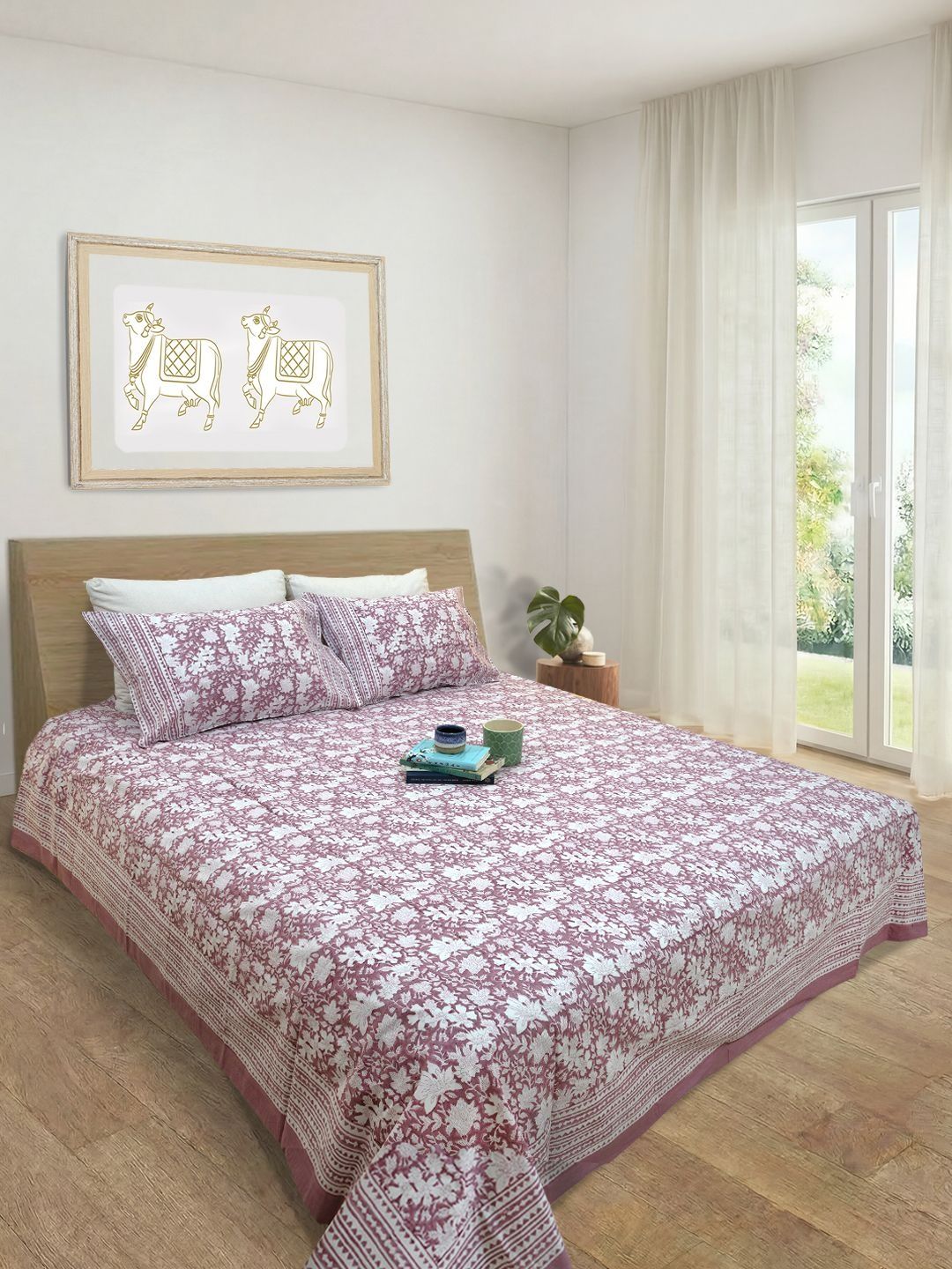 TOAI Purple & White Floral 300 TC King Bedsheet with 2 Pillow Covers