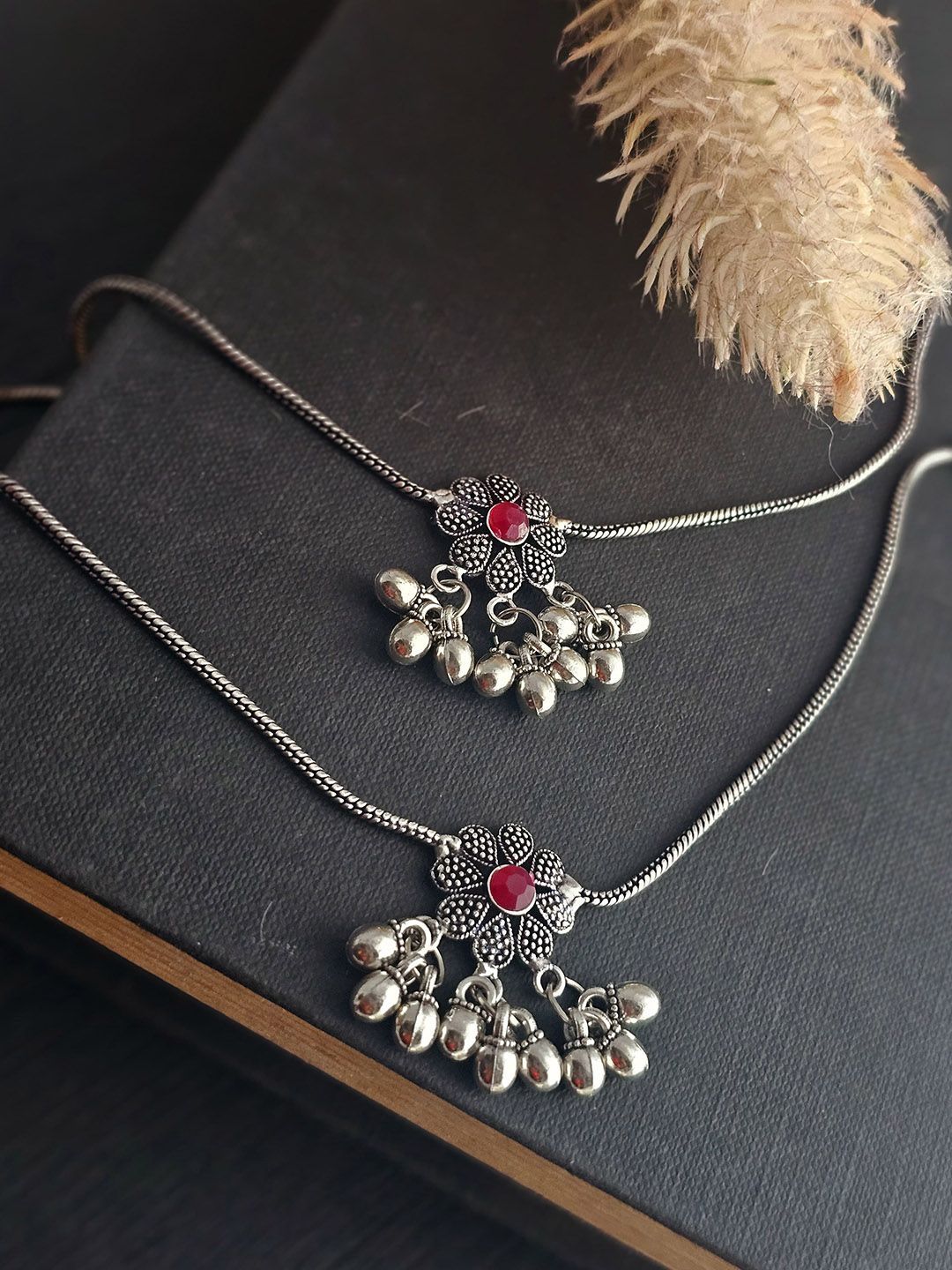 Binnis Wardrobe Silver-Plated Kundan-Studded Anklets