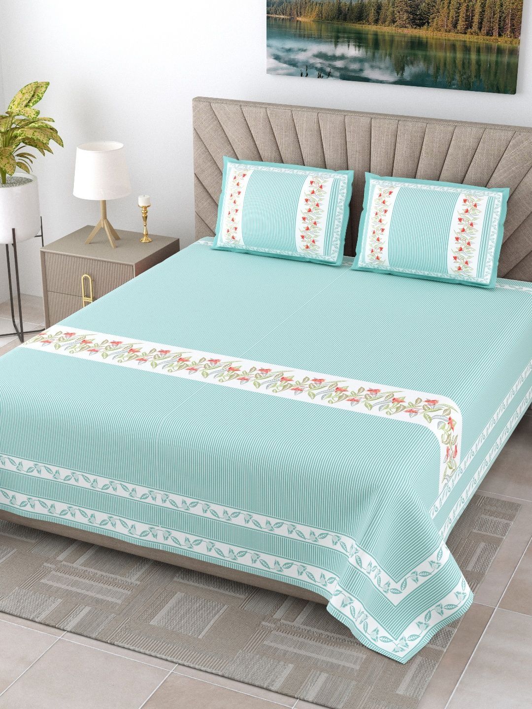 JAIPUR FABRIC Green Ethnic Motifs Bedsheet with 2 Pillow Covers