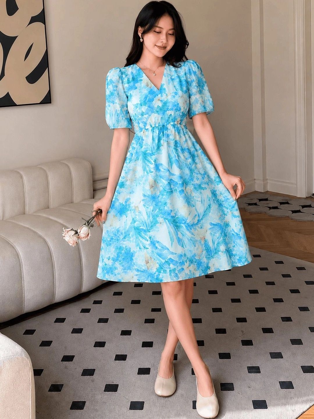 VALUE CREATION Floral Print Puff Sleeve Georgette A-Line Dress