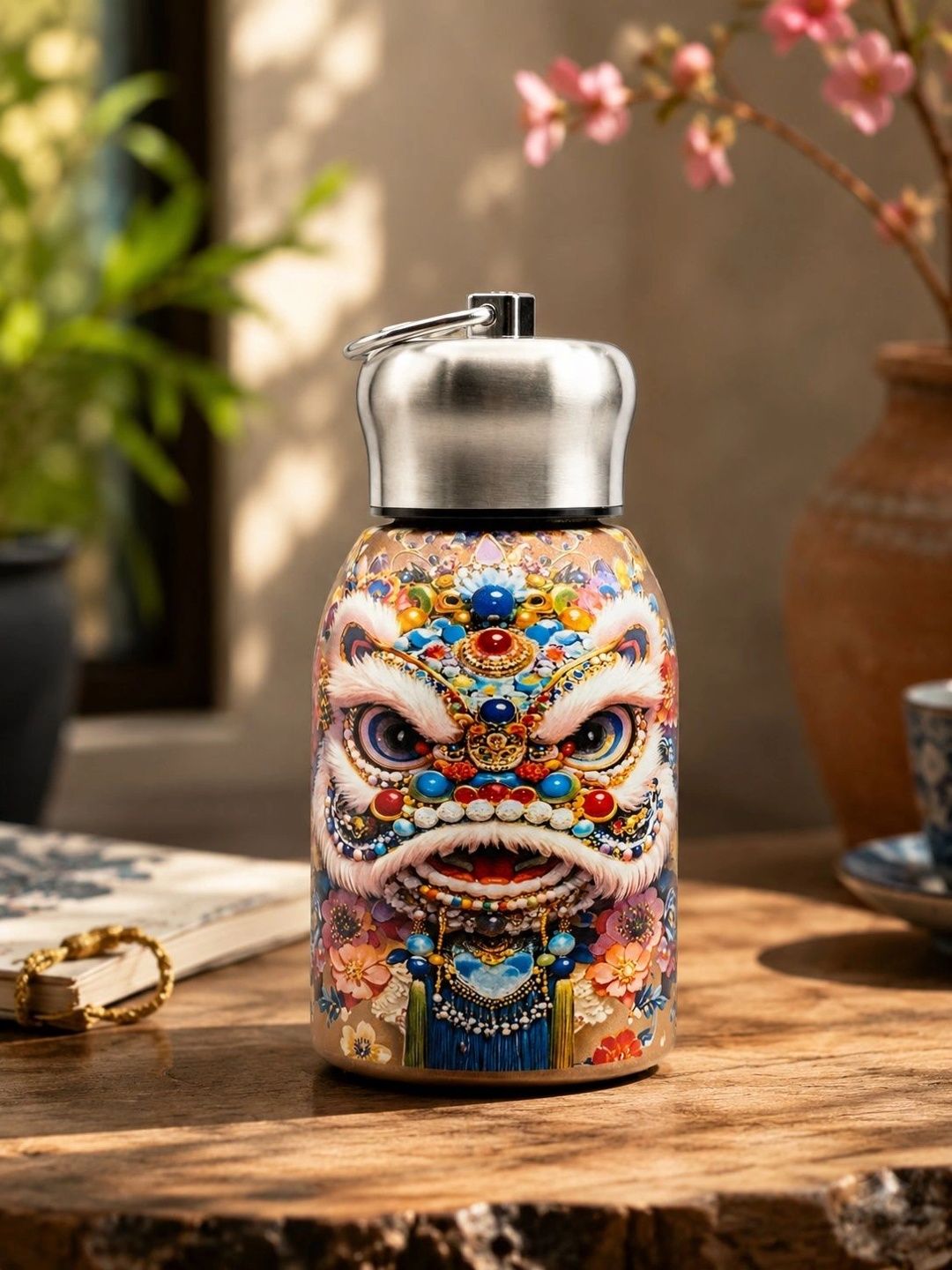 SeaRegal Gold-Toned & Blue Single Stainless Steel Floral Double Wall Vacuum Water Bottle