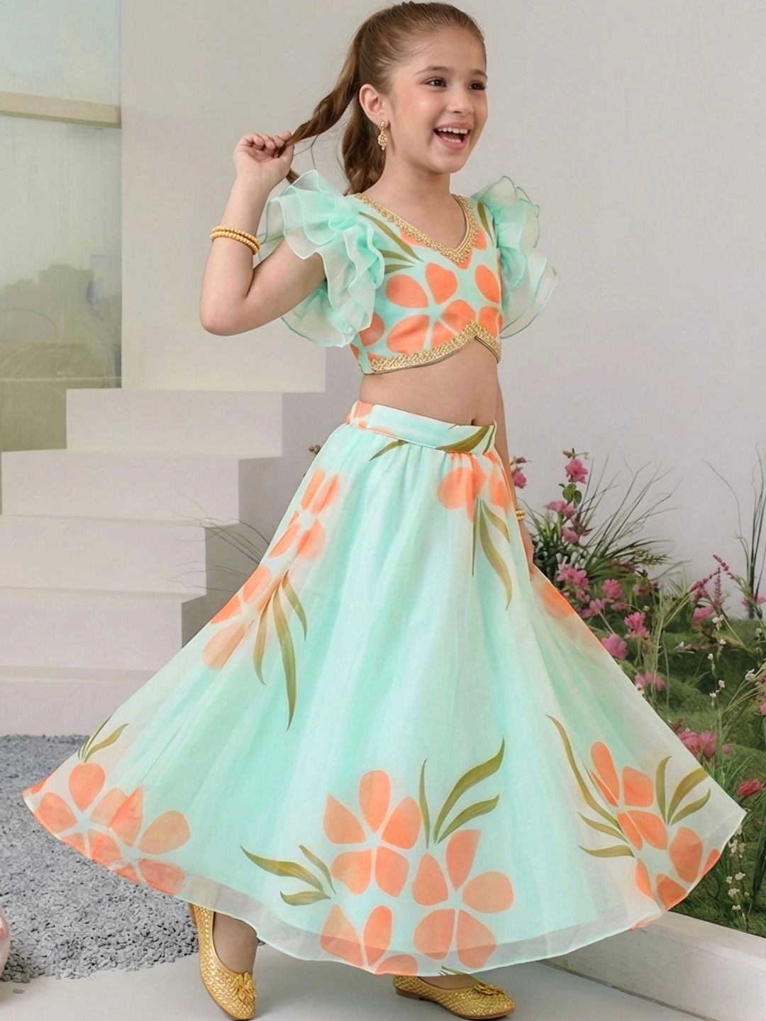 Girls Printed Block Print Ready to Wear Lehenga & 4