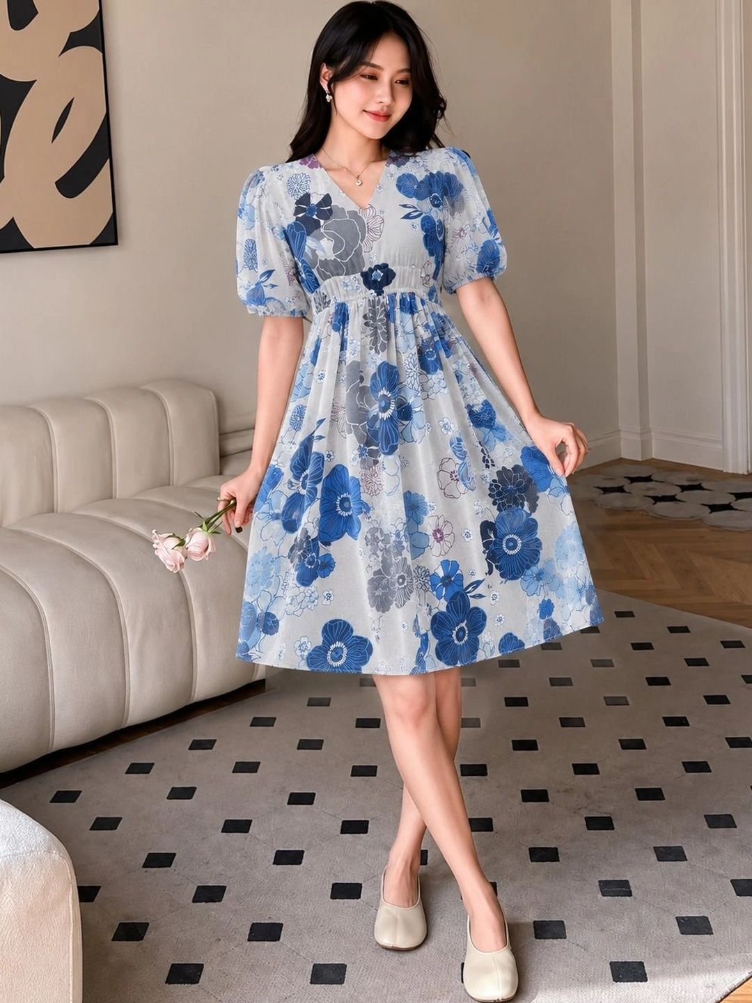 VALUE CREATION Floral Print V-Neck Puff Sleeve A-Line Georgette Dress