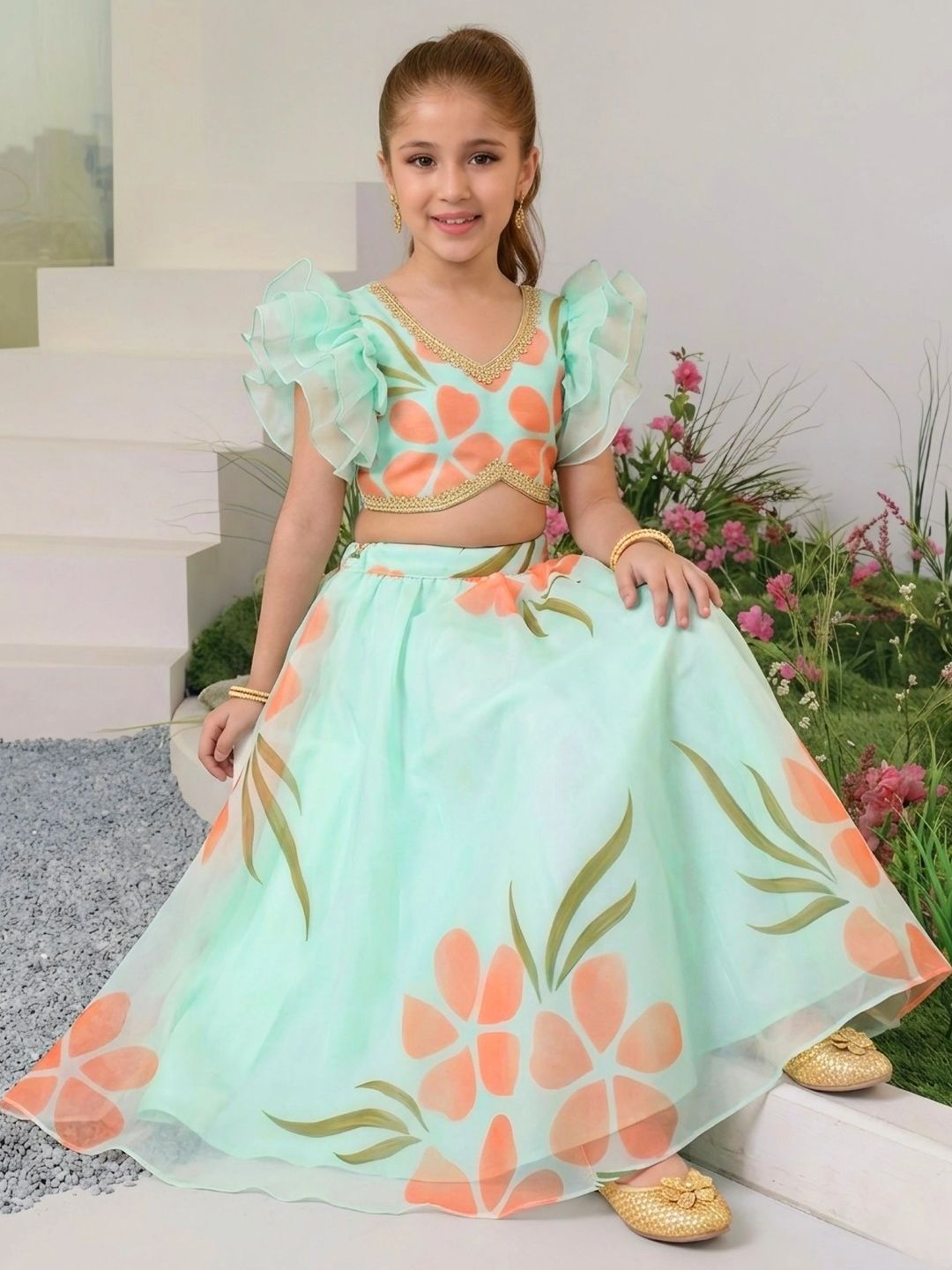 Girls Printed Block Print Ready to Wear Lehenga & 5