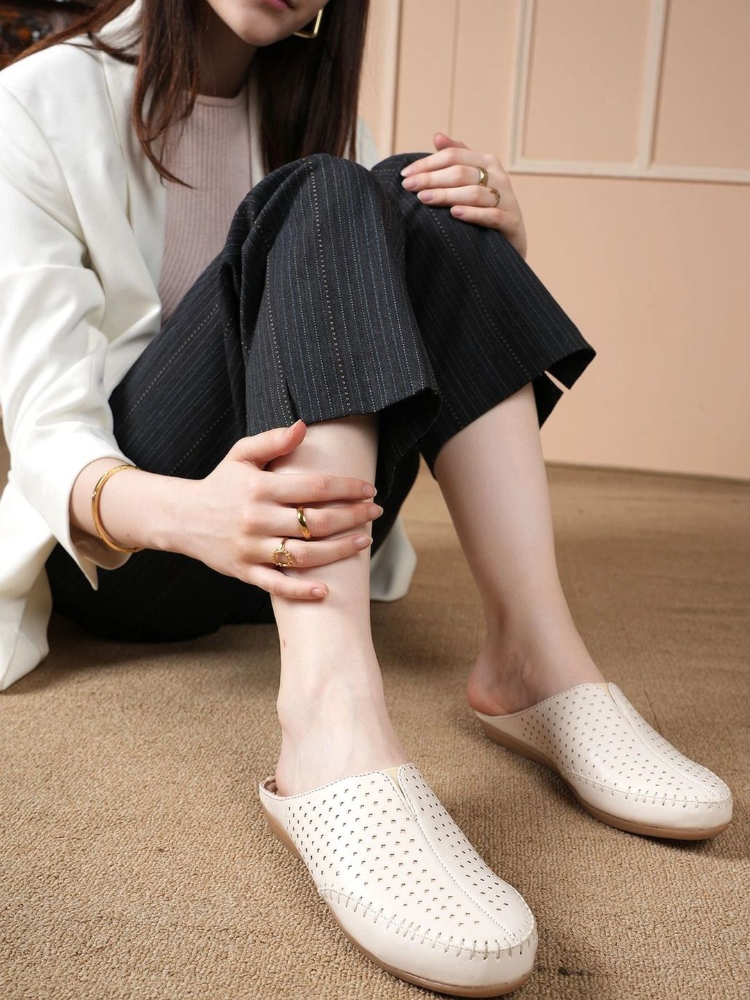 Mast & Harbour Women Textured Mules with Laser Cuts Flats
