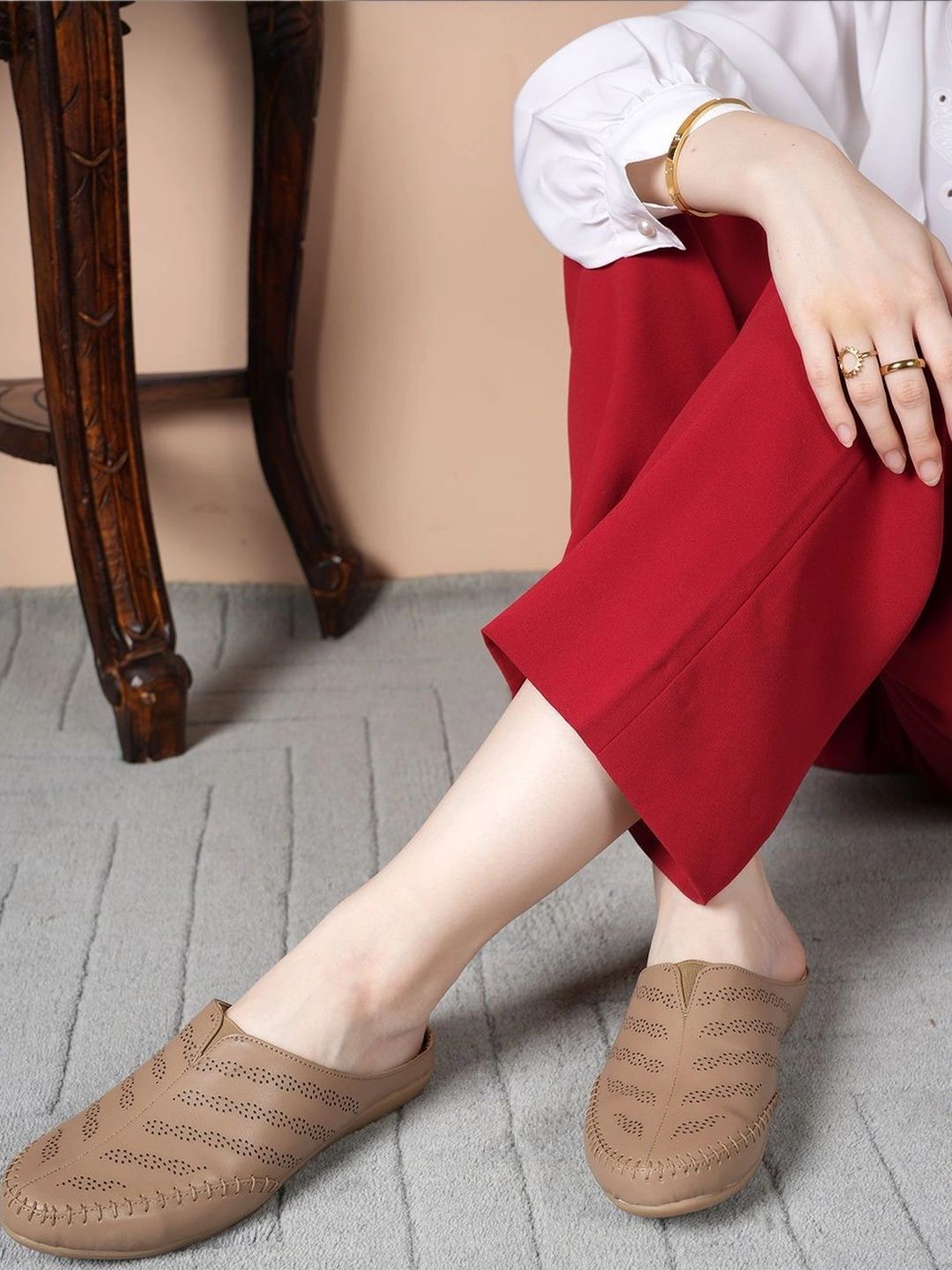 Mast & Harbour Women Textured Mules with Laser Cuts Flats