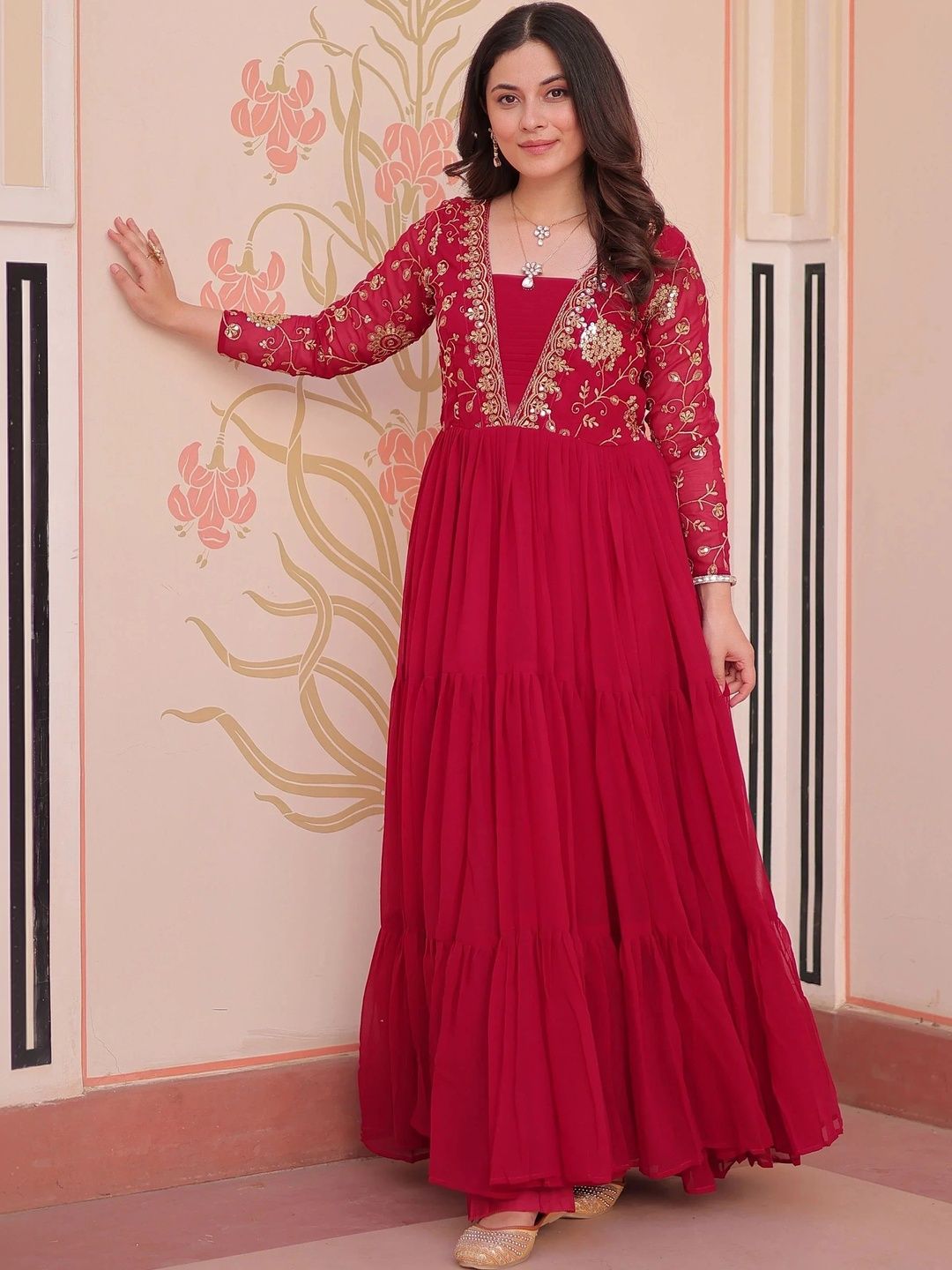 KALINI Embroidered Square Neck Fit & Flared Ethnic Dresses