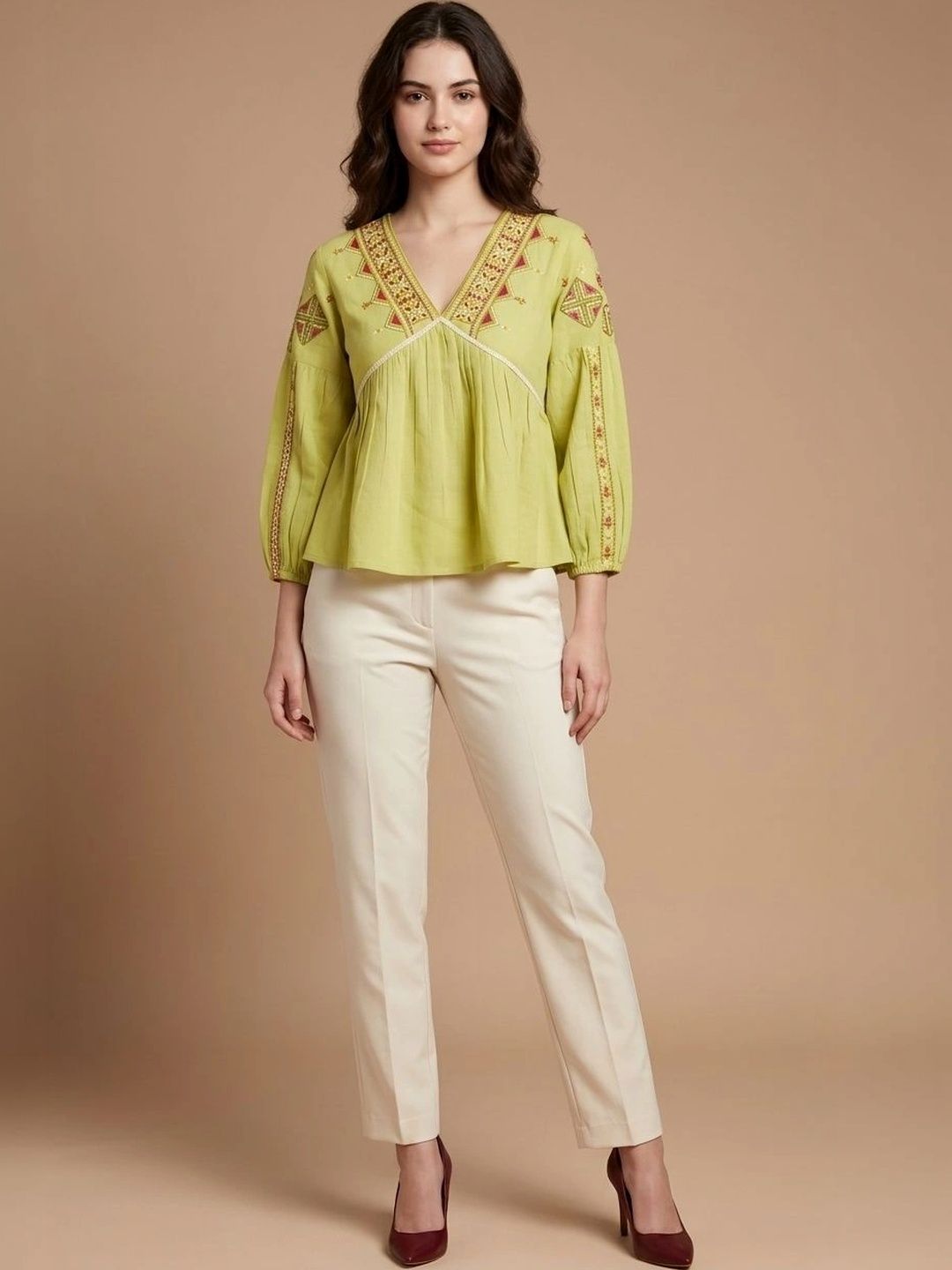 Neon Femme Embroidered Bishop Sleeves Ethnic Peplum Top