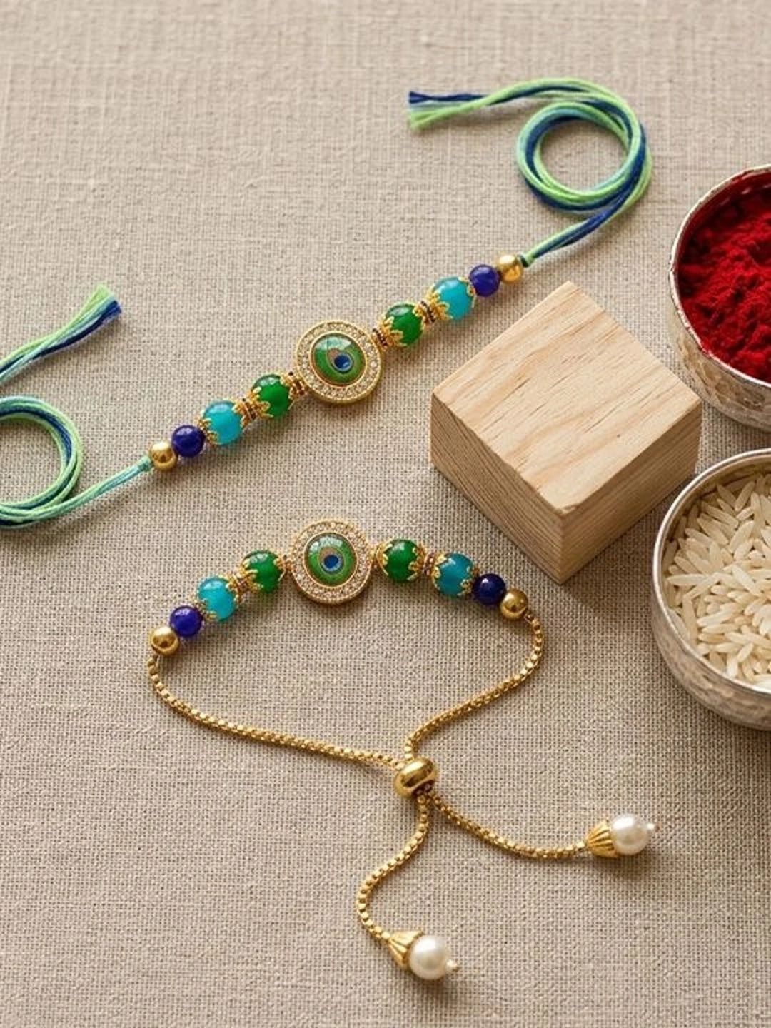 ASIDEA Set Of 2 Stones Studded & Beaded Wraparound Rakhis With Roli Chawal