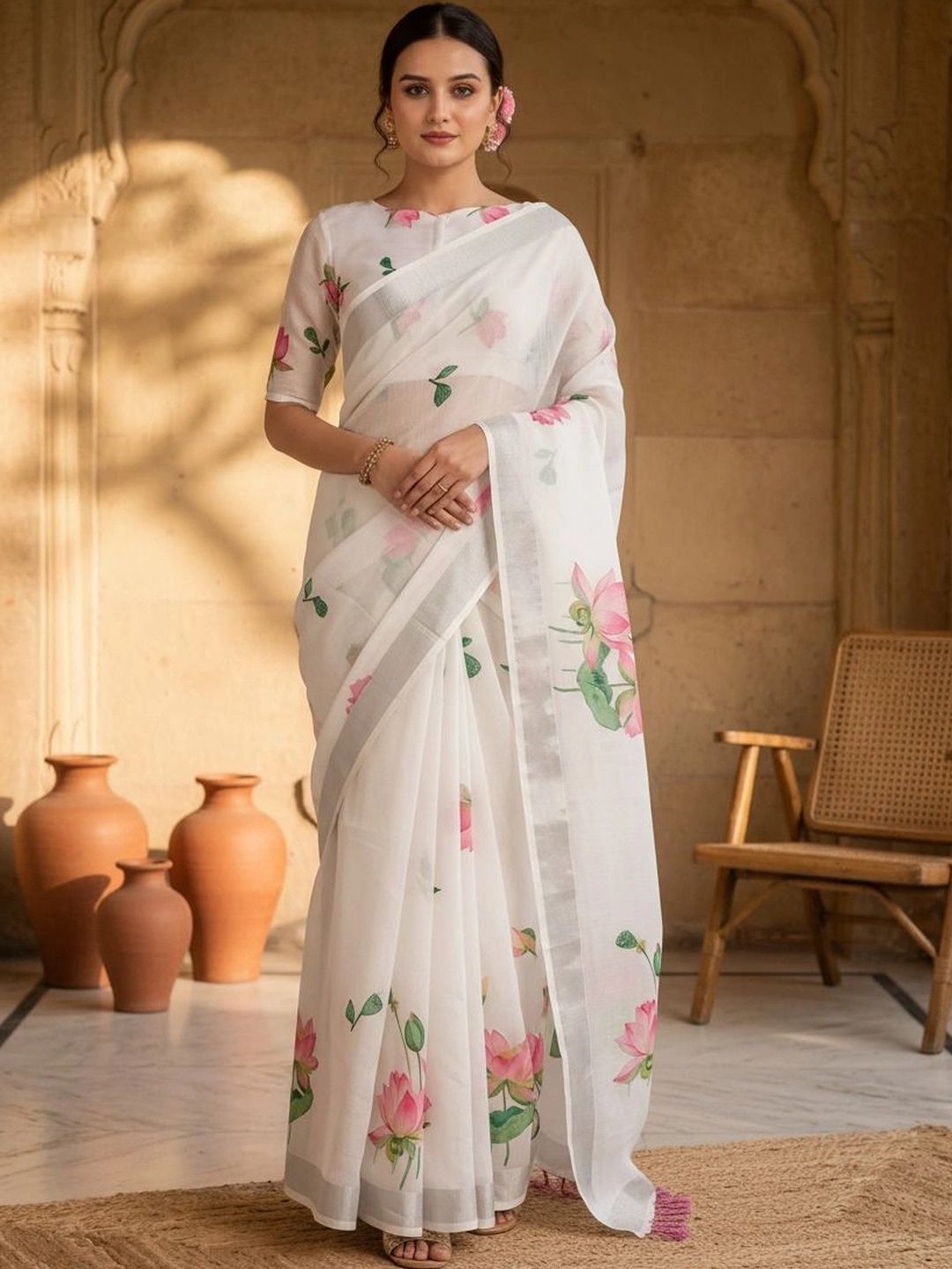 MEHARIKA Floral Cotton Blend Khadi Saree
