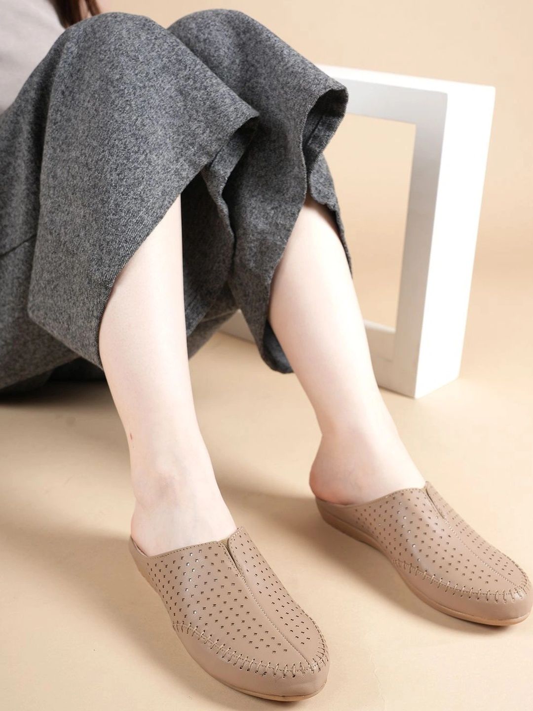 Mast & Harbour Women Textured Mules with Laser Cuts Flats