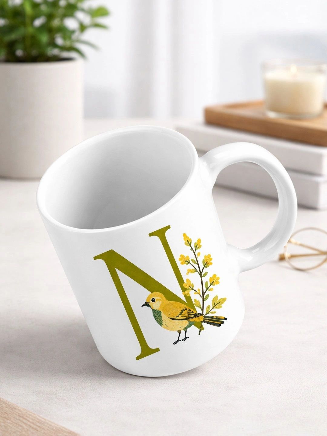 EarthCraft White Natural Elements Printed Ceramic Glossy Mugs Set of Cups and Mugs