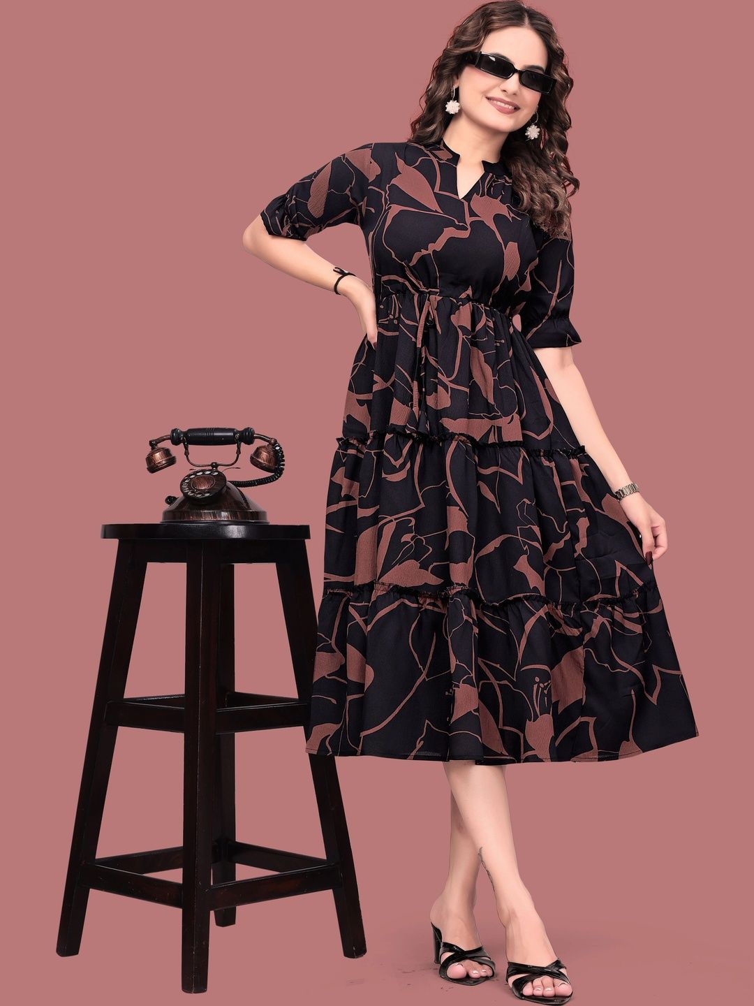 PRIYANSH CREATION Print Crepe A-Line Midi Dress