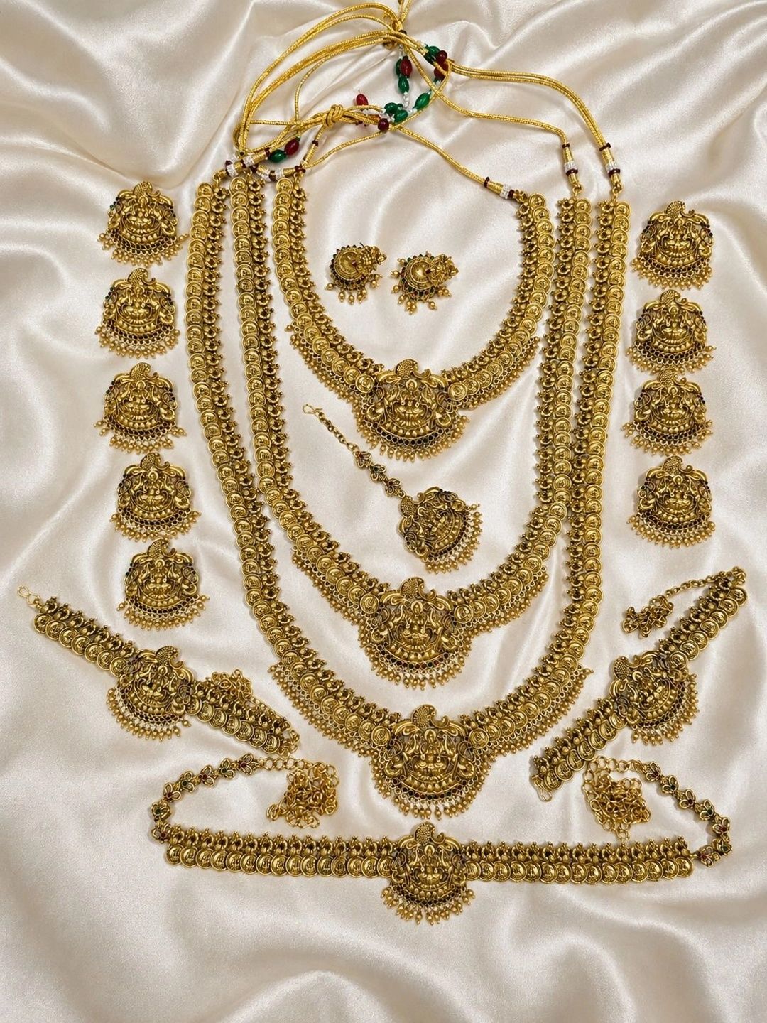 Buy JANAVI Set Of 16 Gold Plated Temple Artificial Stones Studded Jewellery Set -  - Accessories for Women