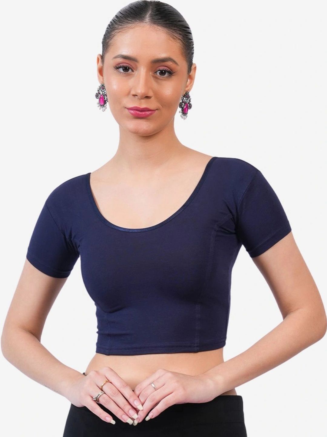 Vami Women Navy Blue Solid Stretchable Readymade Saree Blouse