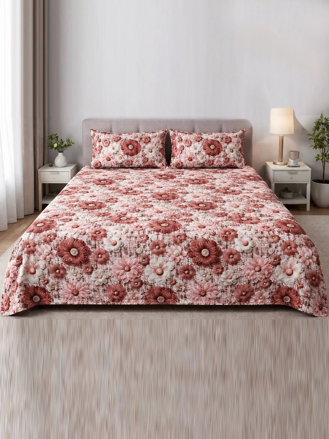 SKYLA Beige & Pink Floral 400TC Cotton King Size Bedsheet & 2 Pillow Covers 108 x 108 Inch