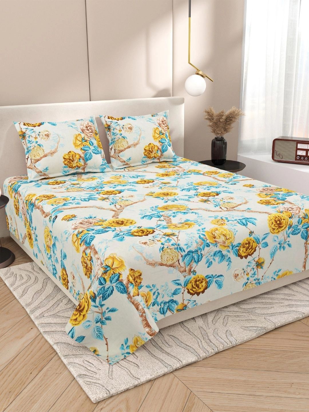 Buy Myntra Elegant Homes Grey Floral Cotton 144TC Double Bedsheet With 2 Pillow Covers -  - Home for Unisex